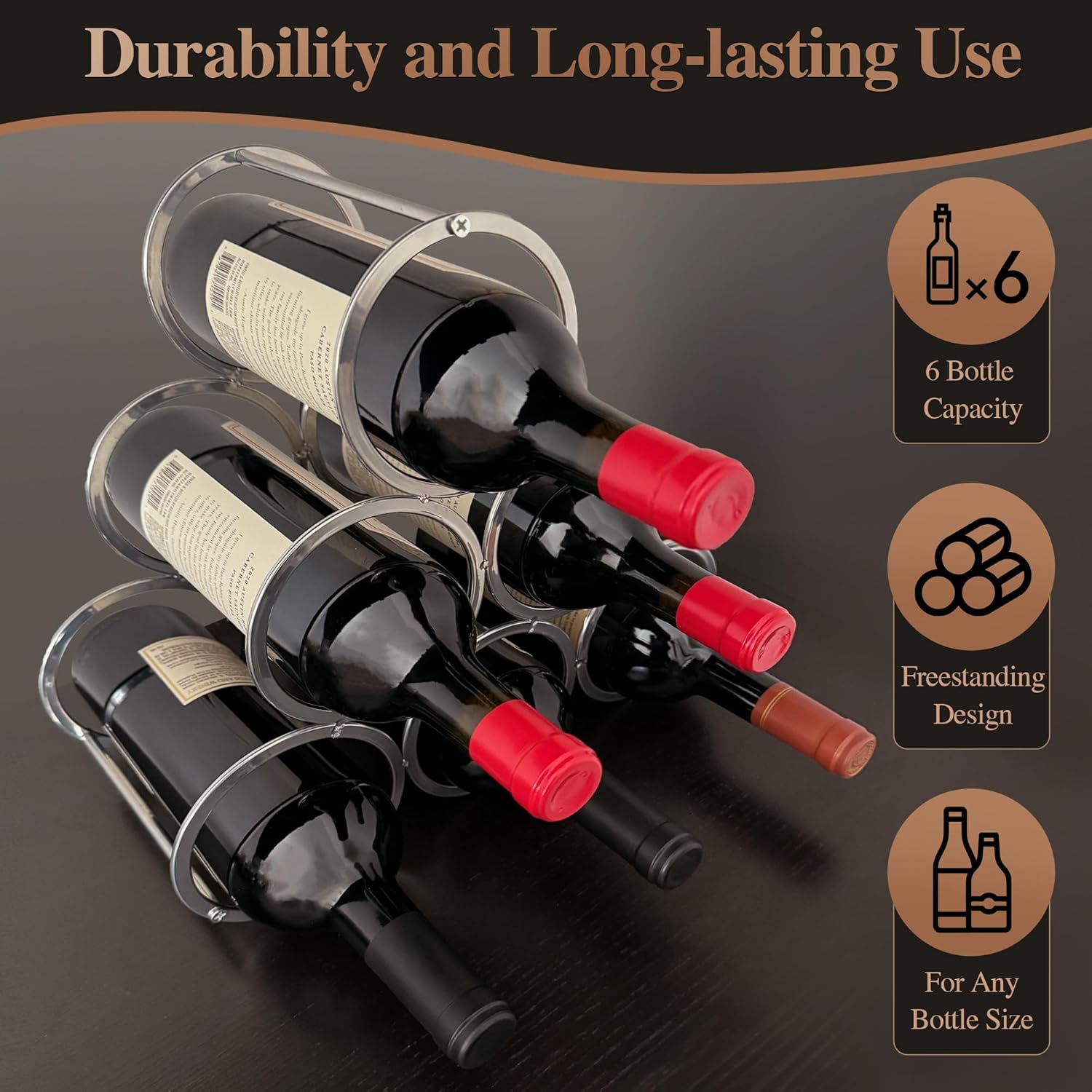 Lilys Home Countertop Wine Rack - 6 Bottle Holder Freestanding Elegant Kitchen Storage