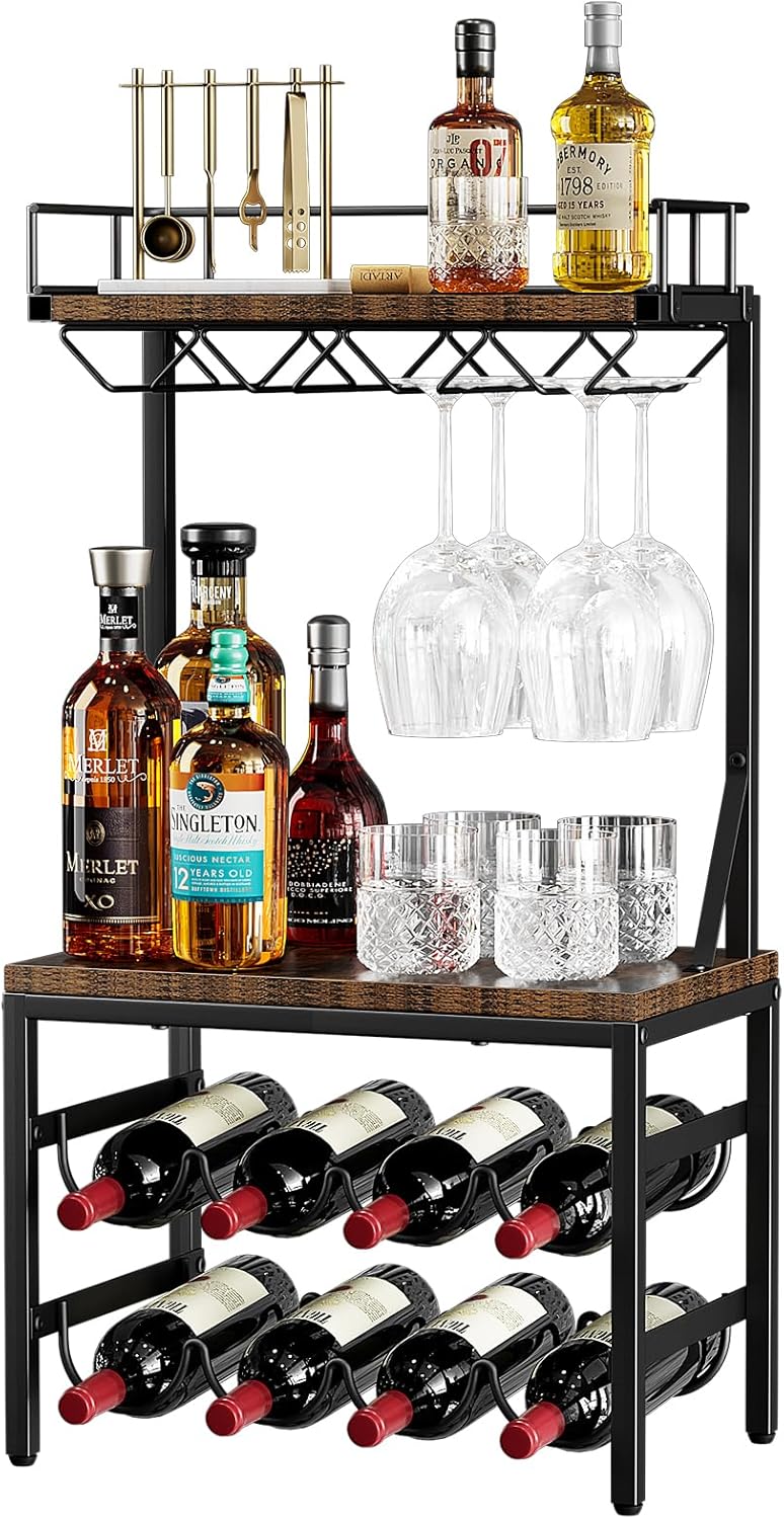 Nuovoware 3-Tier Liquor Cabinet with Wine Rack - Black Retro Brown