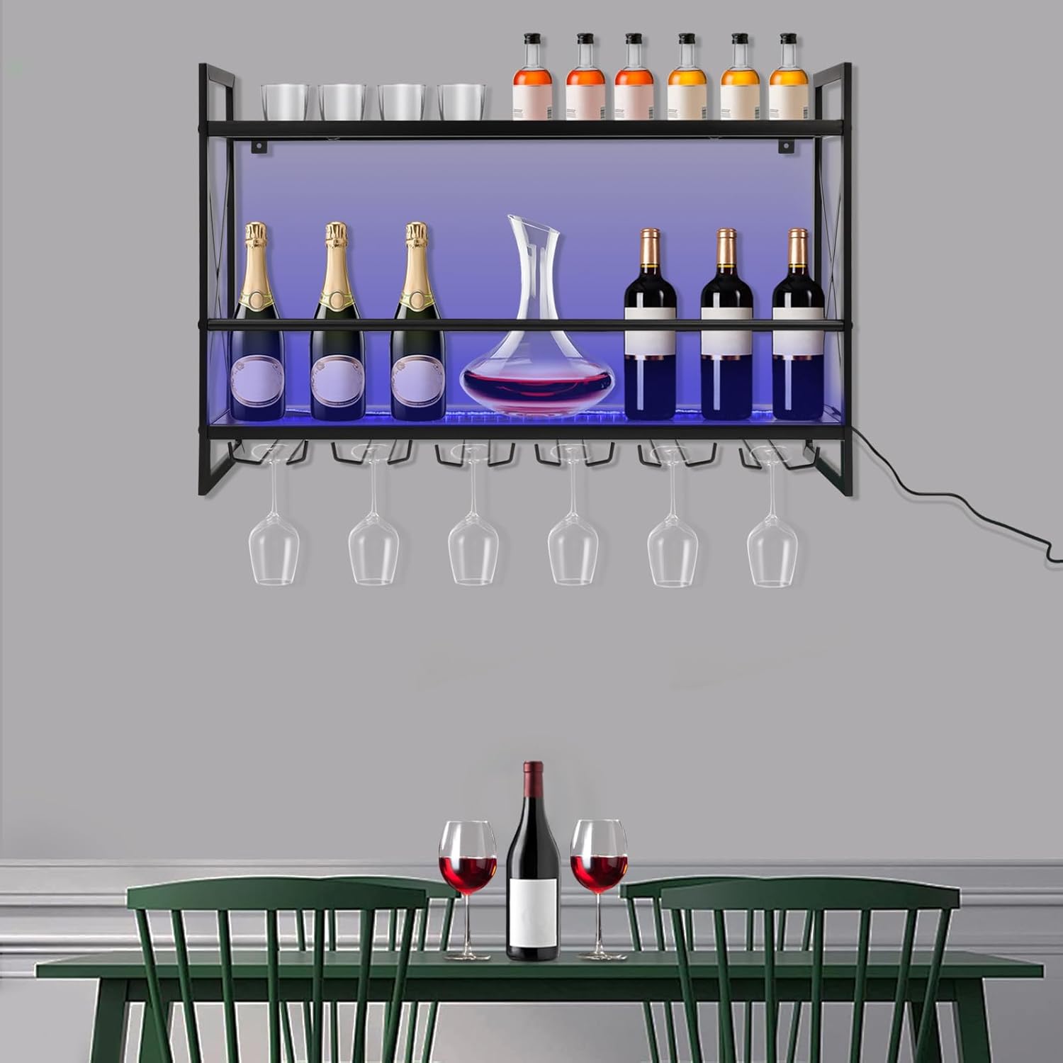 Industrial Wine Bar Cabinet with LED Light and 2 Tier Shelves