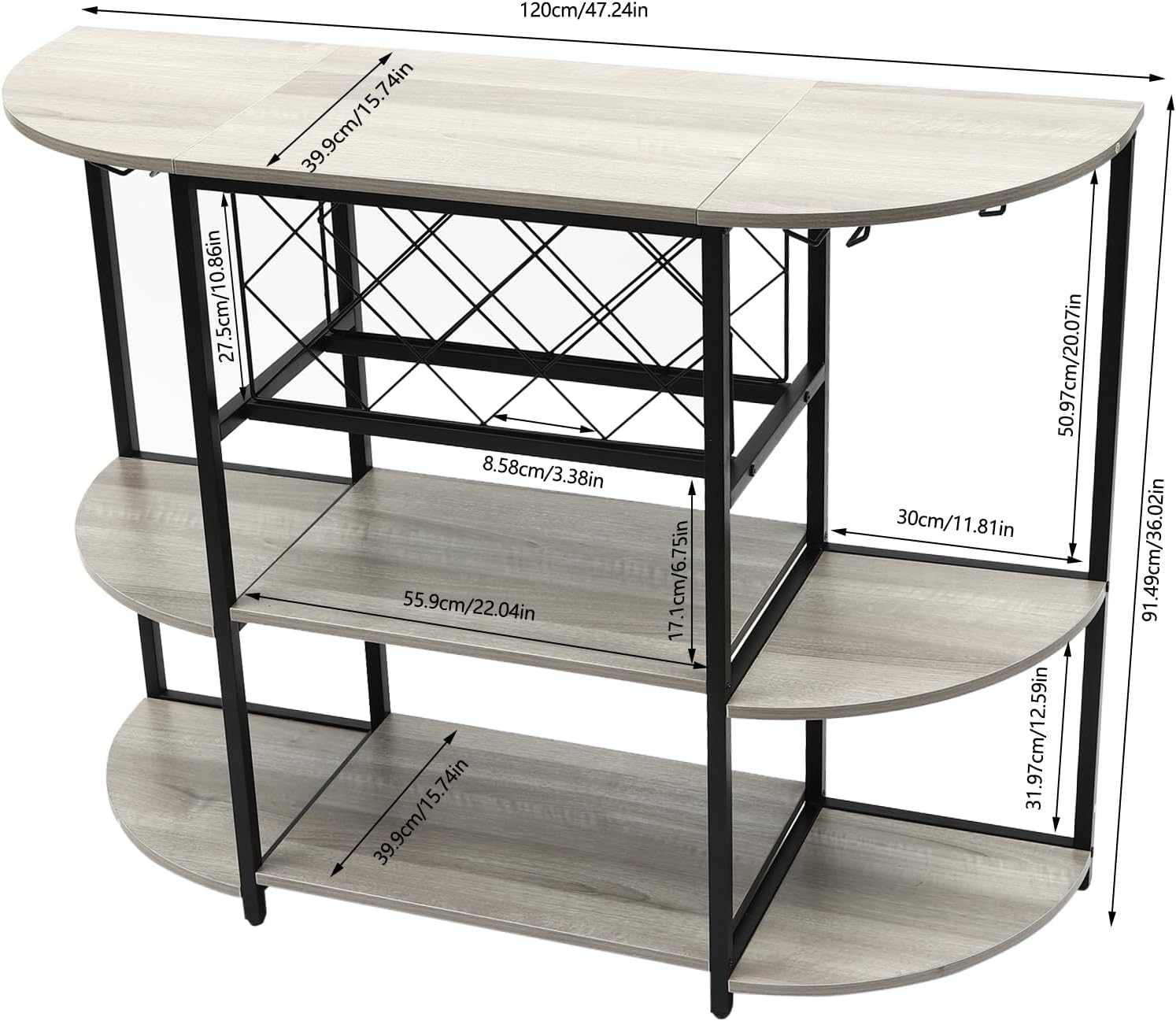 3-Tier Freestanding Wine Rack Table with Storage and Glass Holders Grey