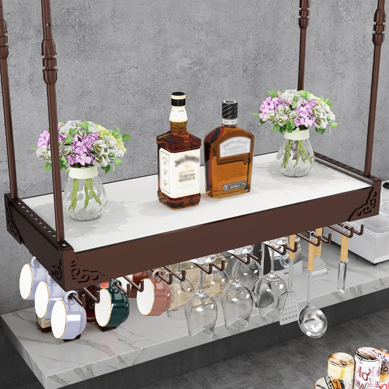 2-in-1 Heavy Duty Ceiling Wine Rack with Glass Holder and Light