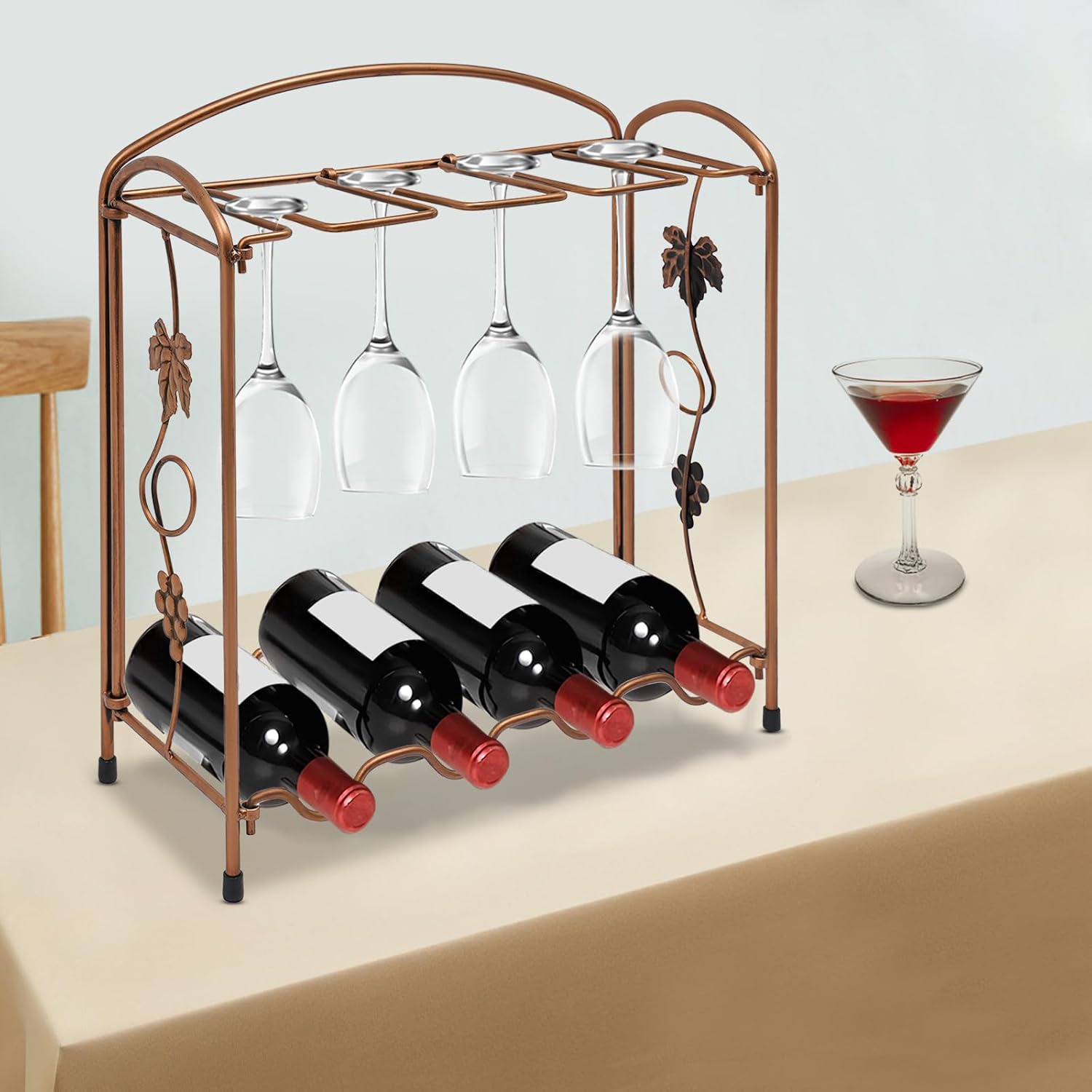 CURIEUYU 4-Bottle 8-Cup Tabletop Wine Rack Bronze