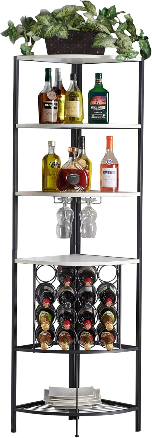 5 Tier Corner Wine Rack with Glass Holder White OakBlack