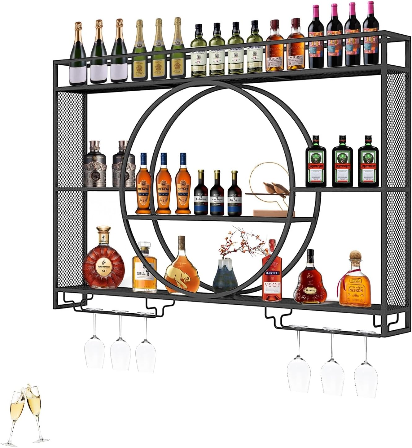 Modern Wall-Mounted Wine Rack with LED Lighting and Glass Holder