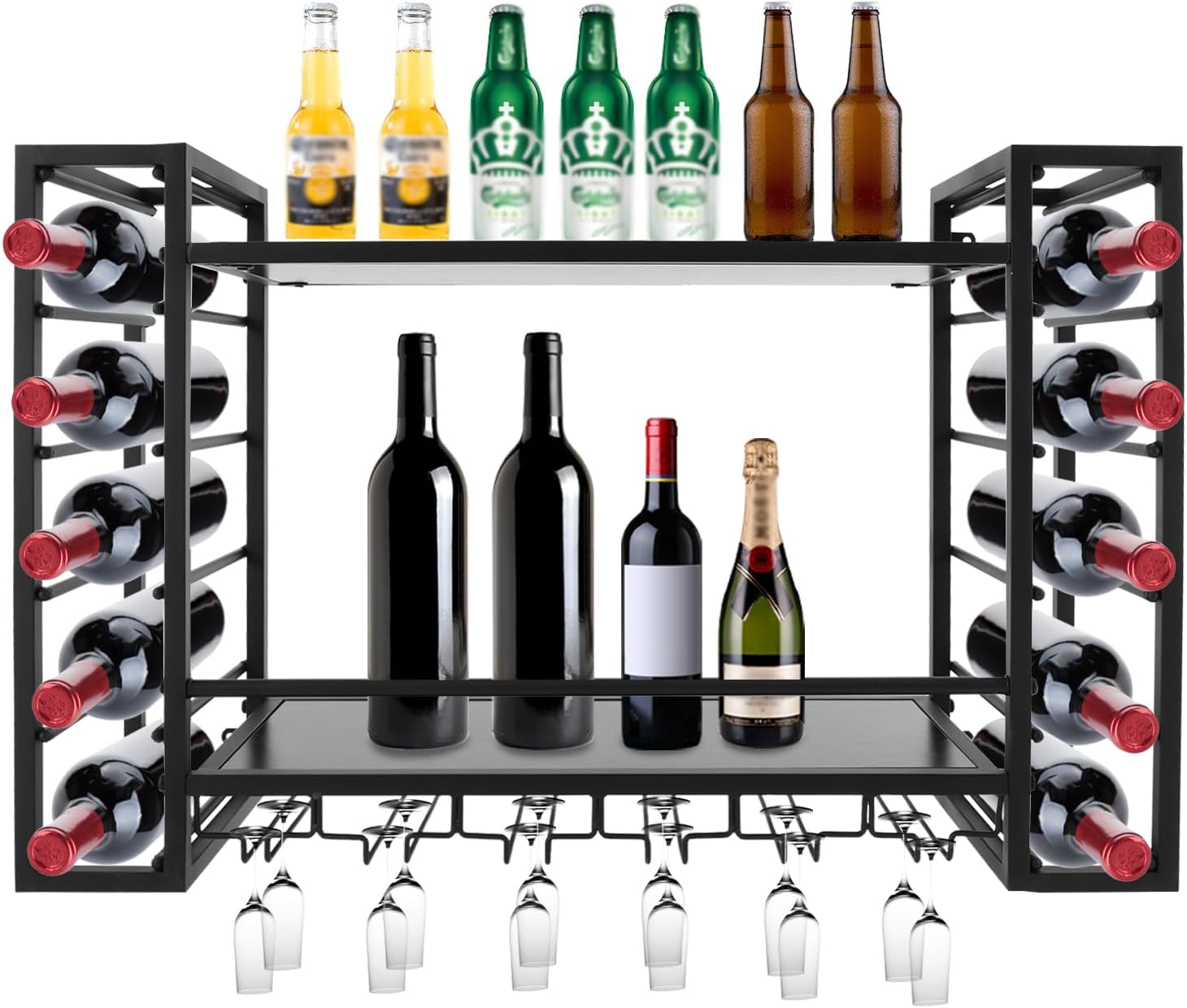 NDKASHF Wall Mounted Wine Rack - 2-Tier with Glass and Bottle Holders Black