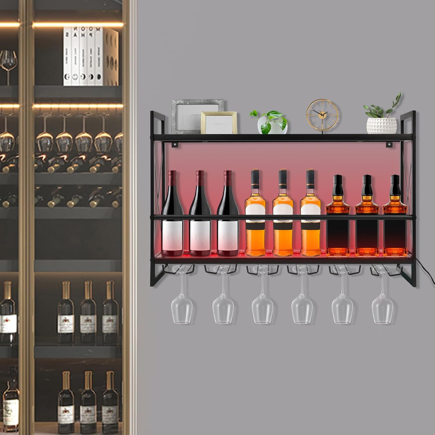 Gagalayong Wall Mounted Wine Rack with LED Light and 6 Glass Holders