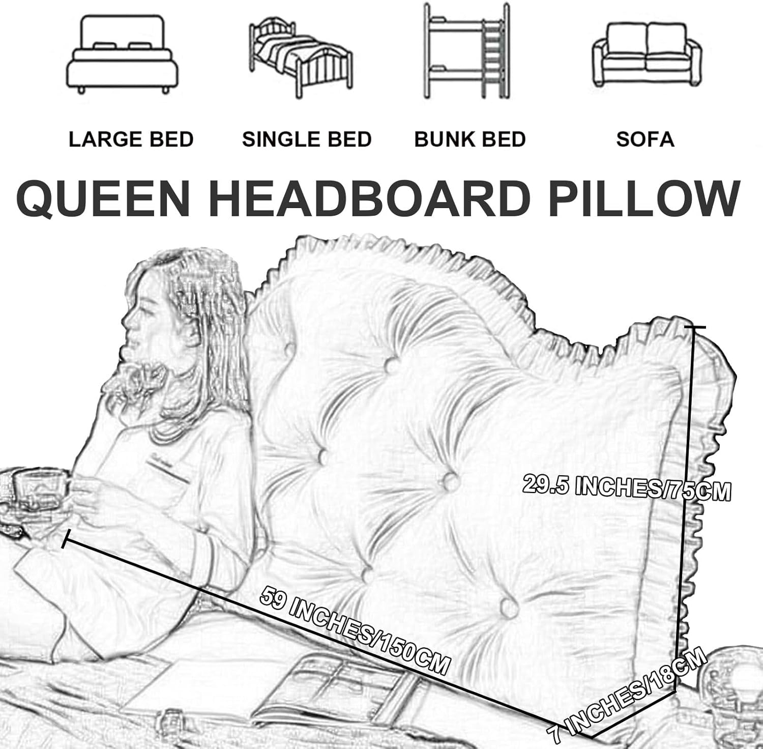 ZZYK Headboard Pillow Full Bed Support Cushion with Backrest Gray Queen59inches