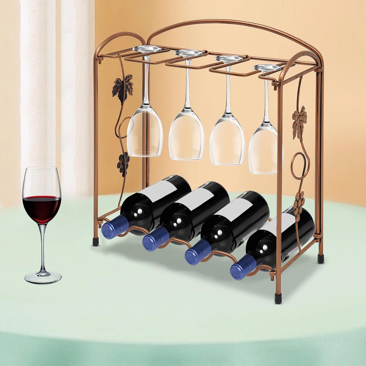 CURIEUYU 4-Bottle 8-Cup Tabletop Wine Rack Bronze