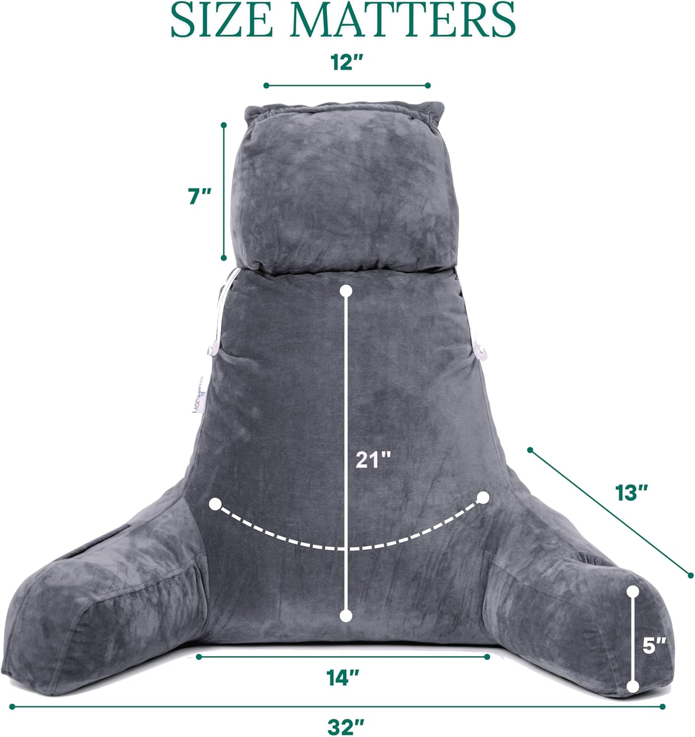 XL Memory Foam Reading Pillow with Armrests and Cup Holder - Charcoal Grey