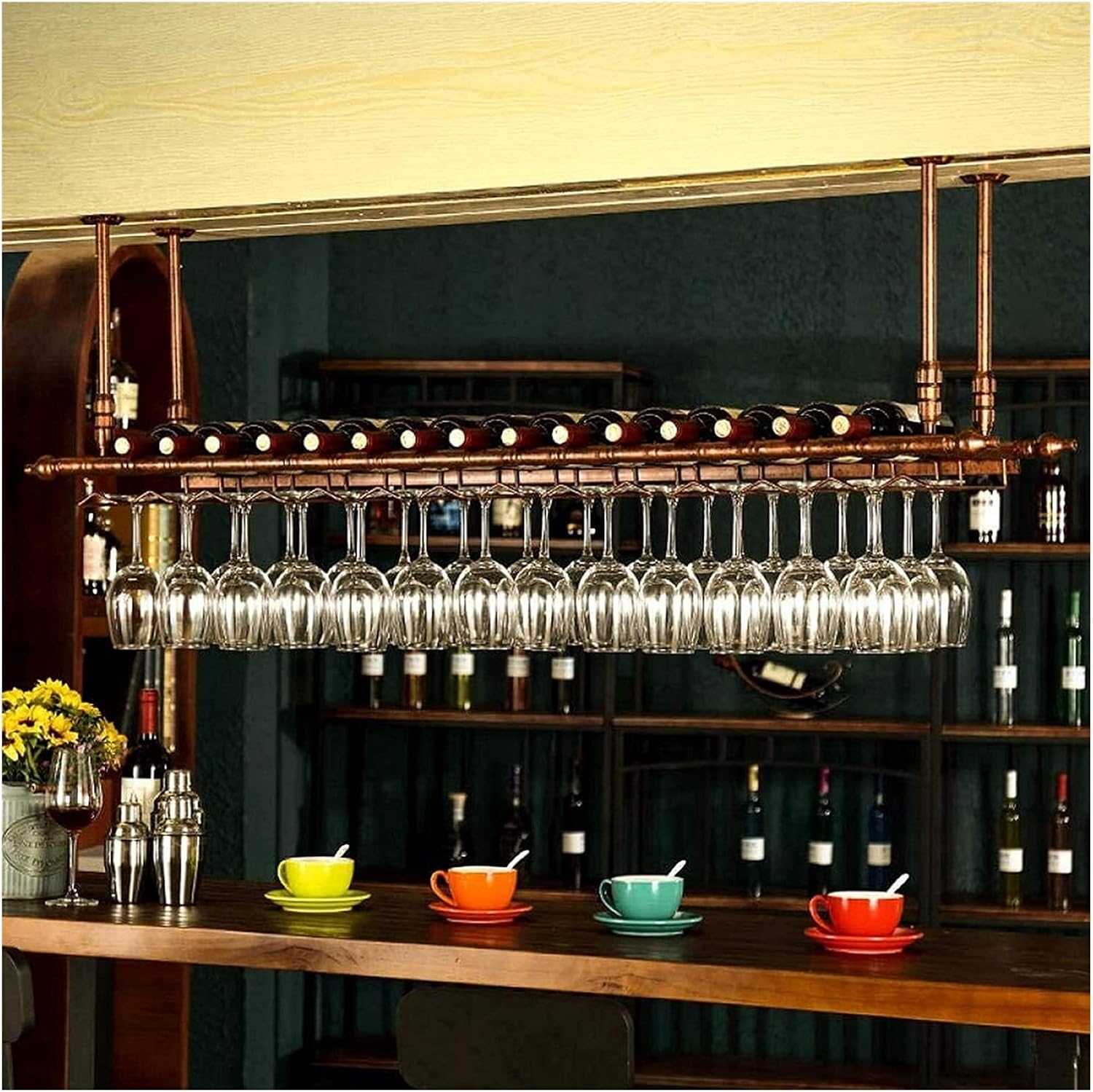 Suuim Hanging Wine Rack with Glass Holder and Shelf