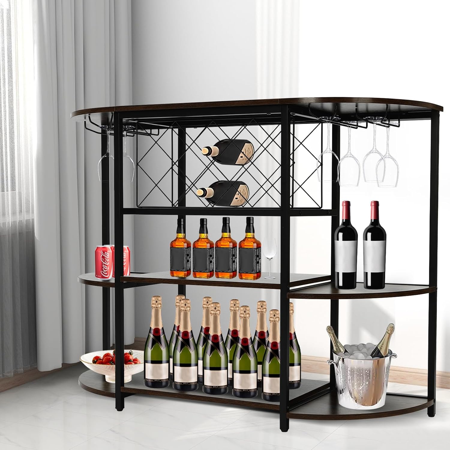 Delianty 3-Tier Wine Rack Table with Glass Holders Rustic Brown