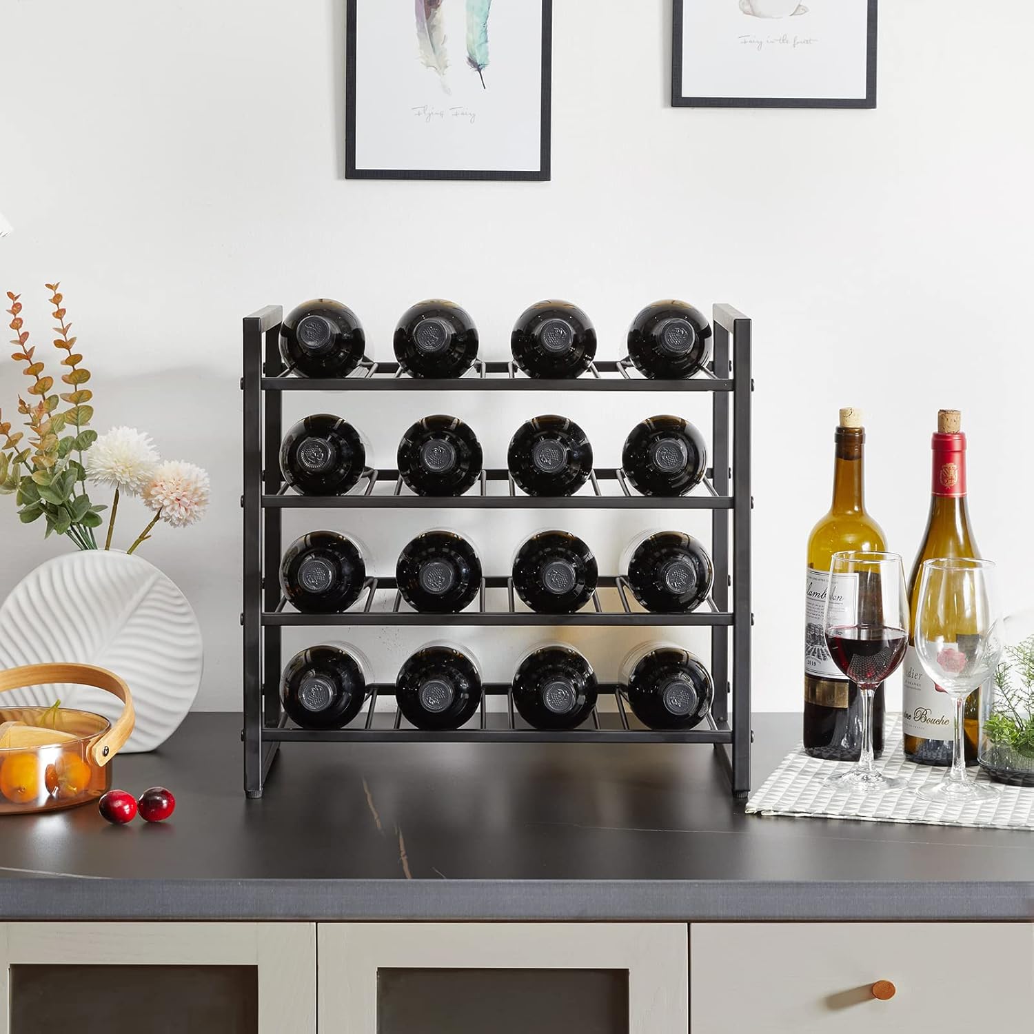IBUYKE 4 Tier Metal Wine Rack 16 Bottle Capacity Black