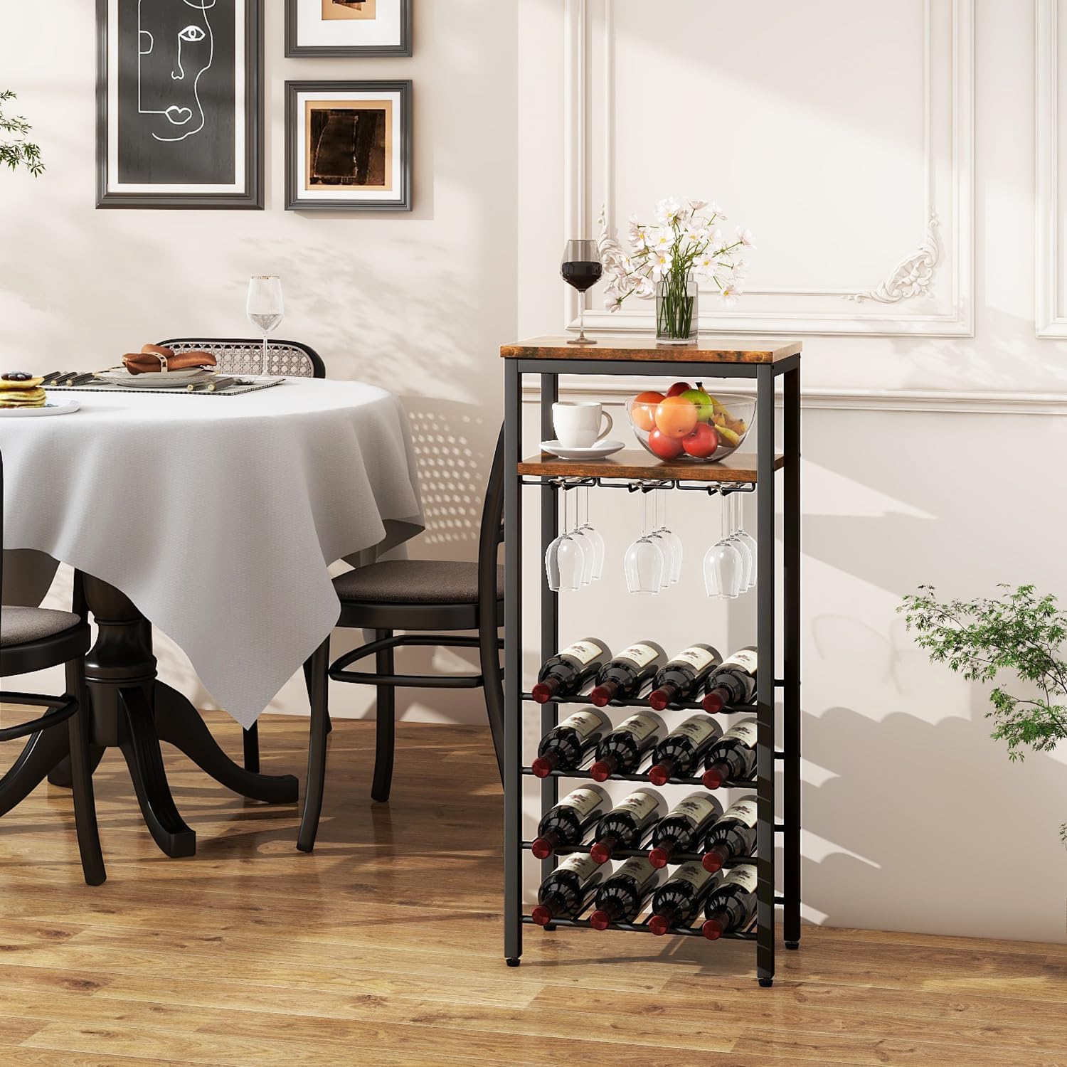 IBUYKE Freestanding Wine Rack 16 Bottles 2-Tier Tabletop with Glass Holders