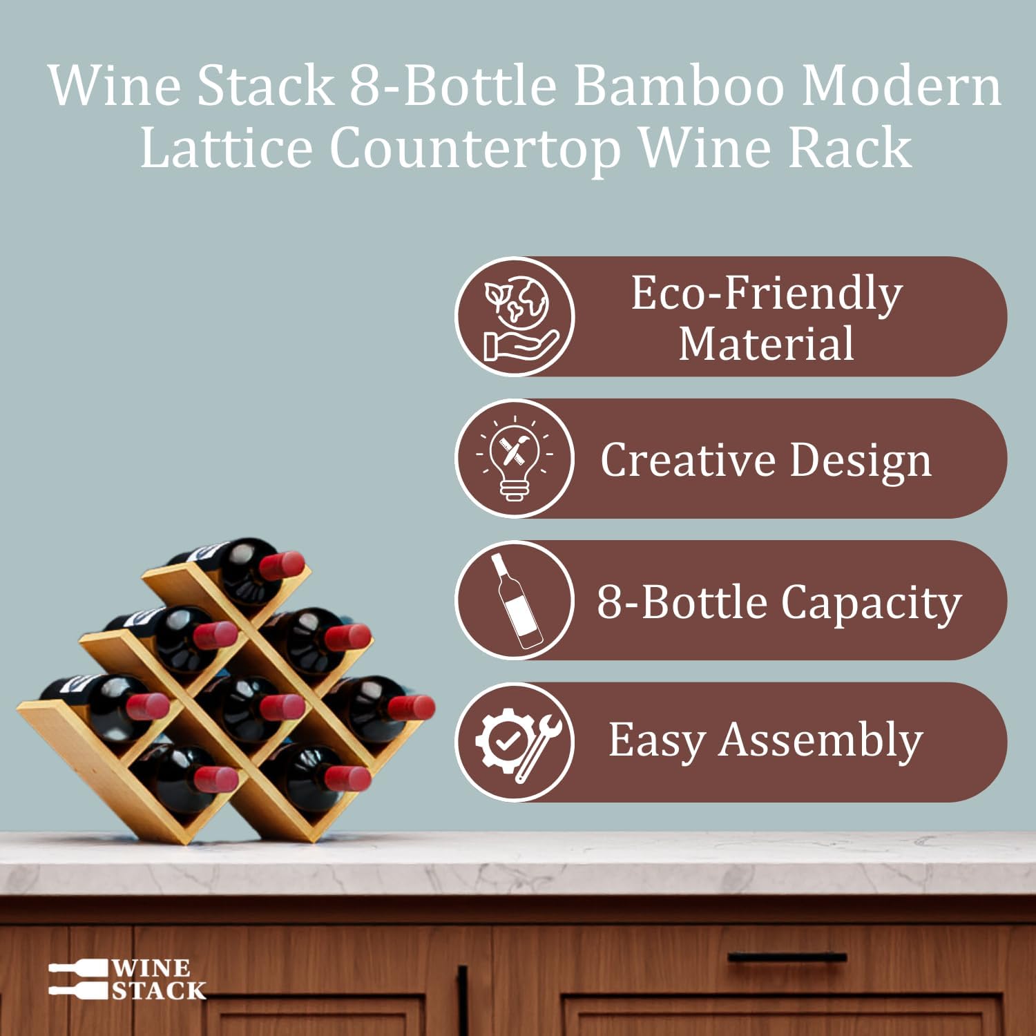 Wine Stack 8 Bottle Bamboo Wine Rack - Modern Lattice Design