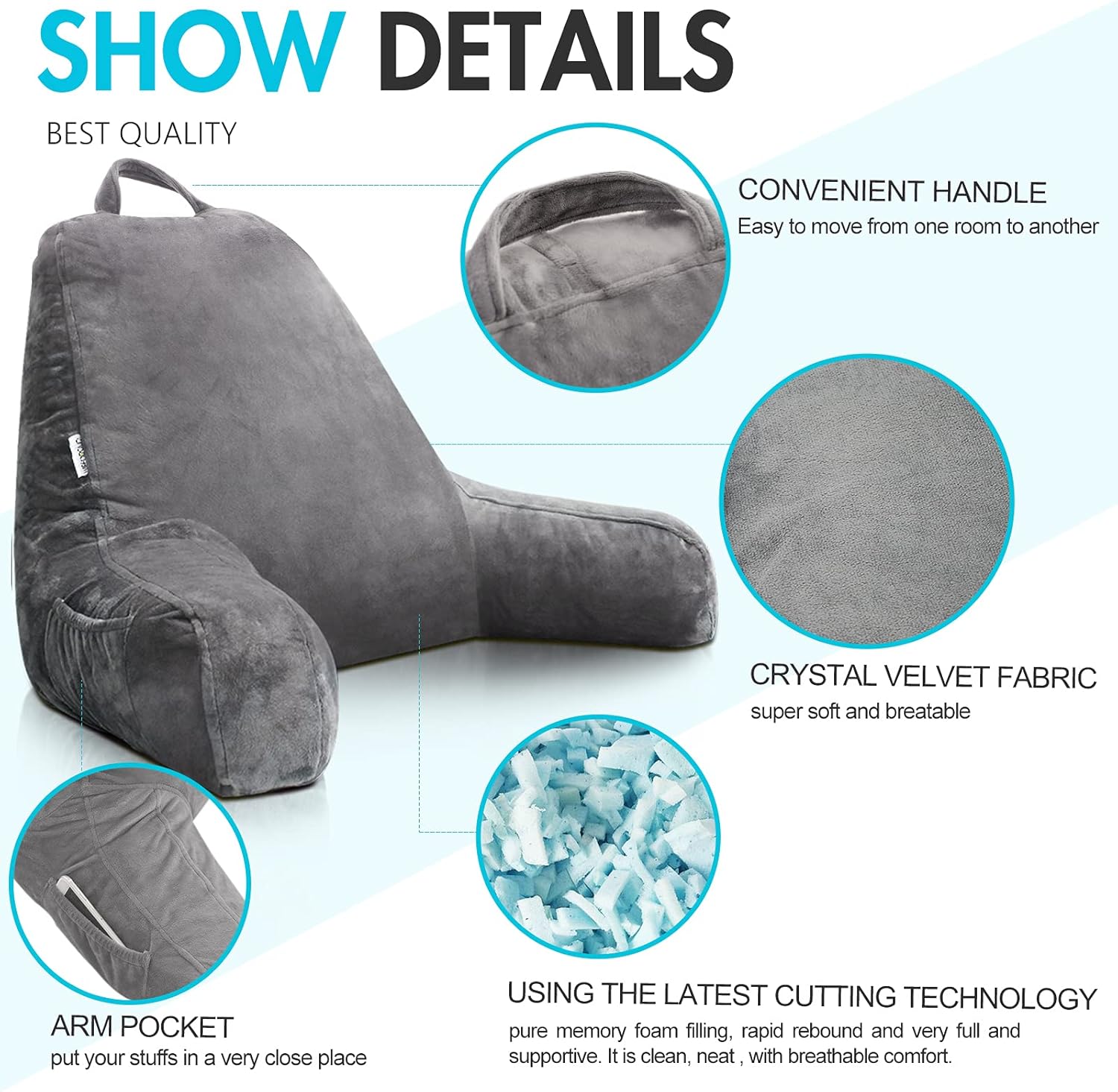 Reading Pillow with Velvet Cover and Memory Foam Support