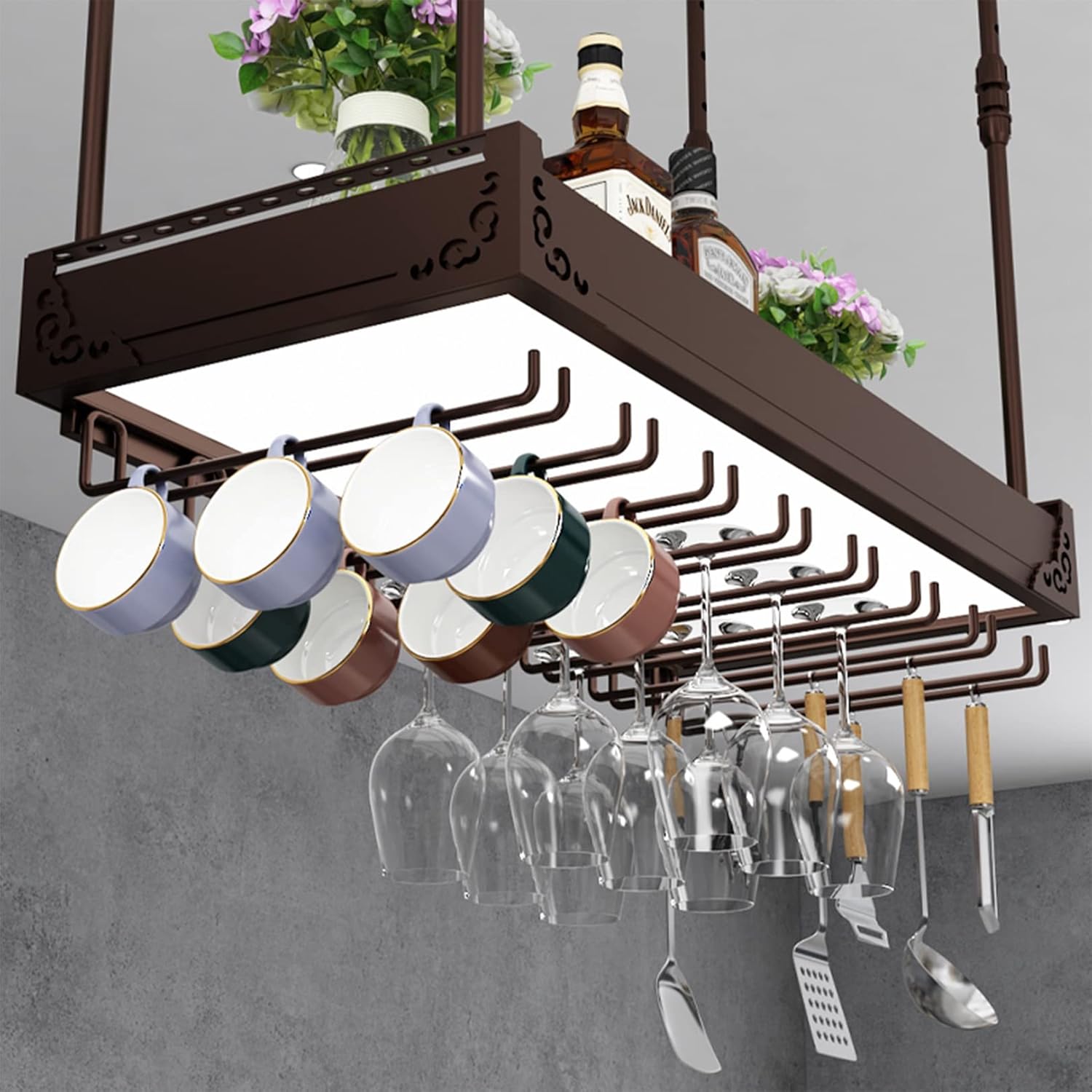 2-in-1 Heavy Duty Ceiling Wine Rack with Glass Holder and Light