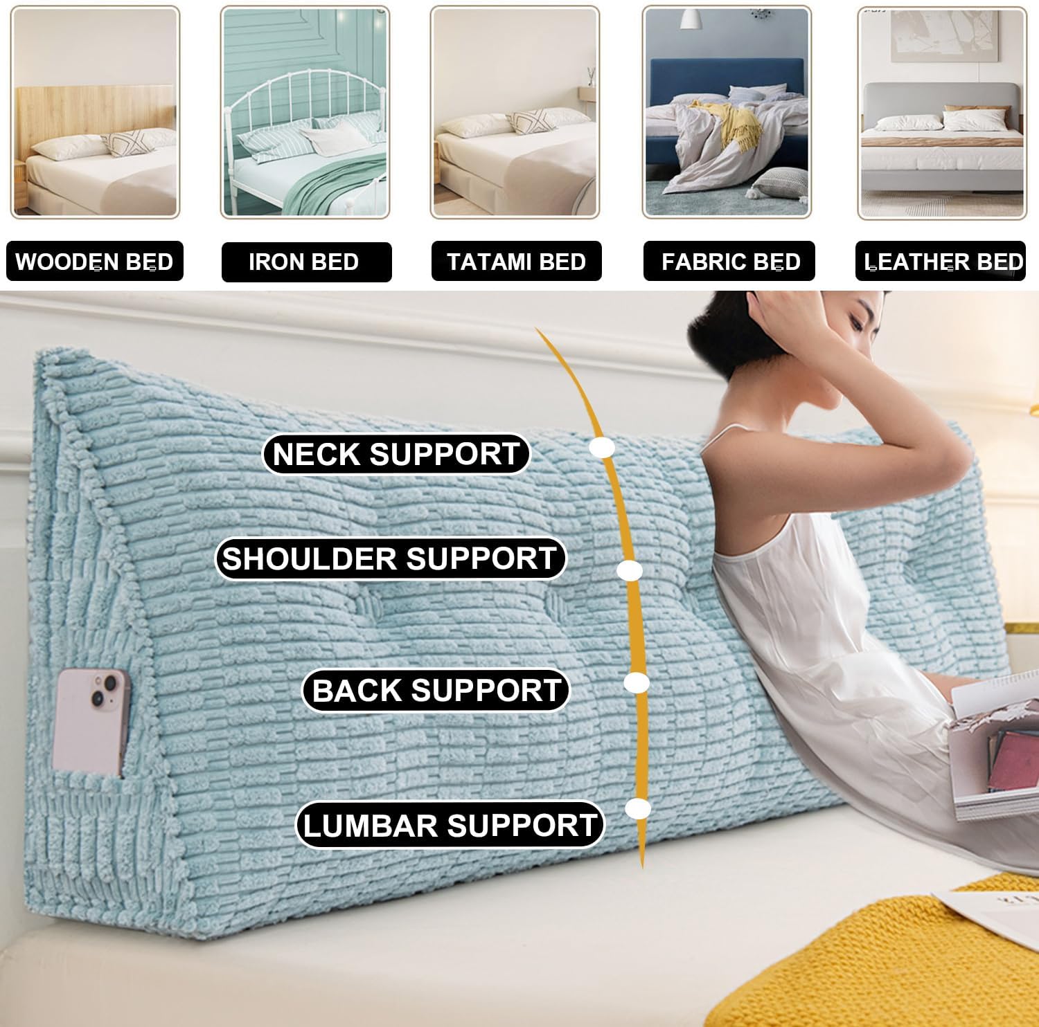 Wedge Reading Support Pillow with Removable Cover Blue 79 Inch