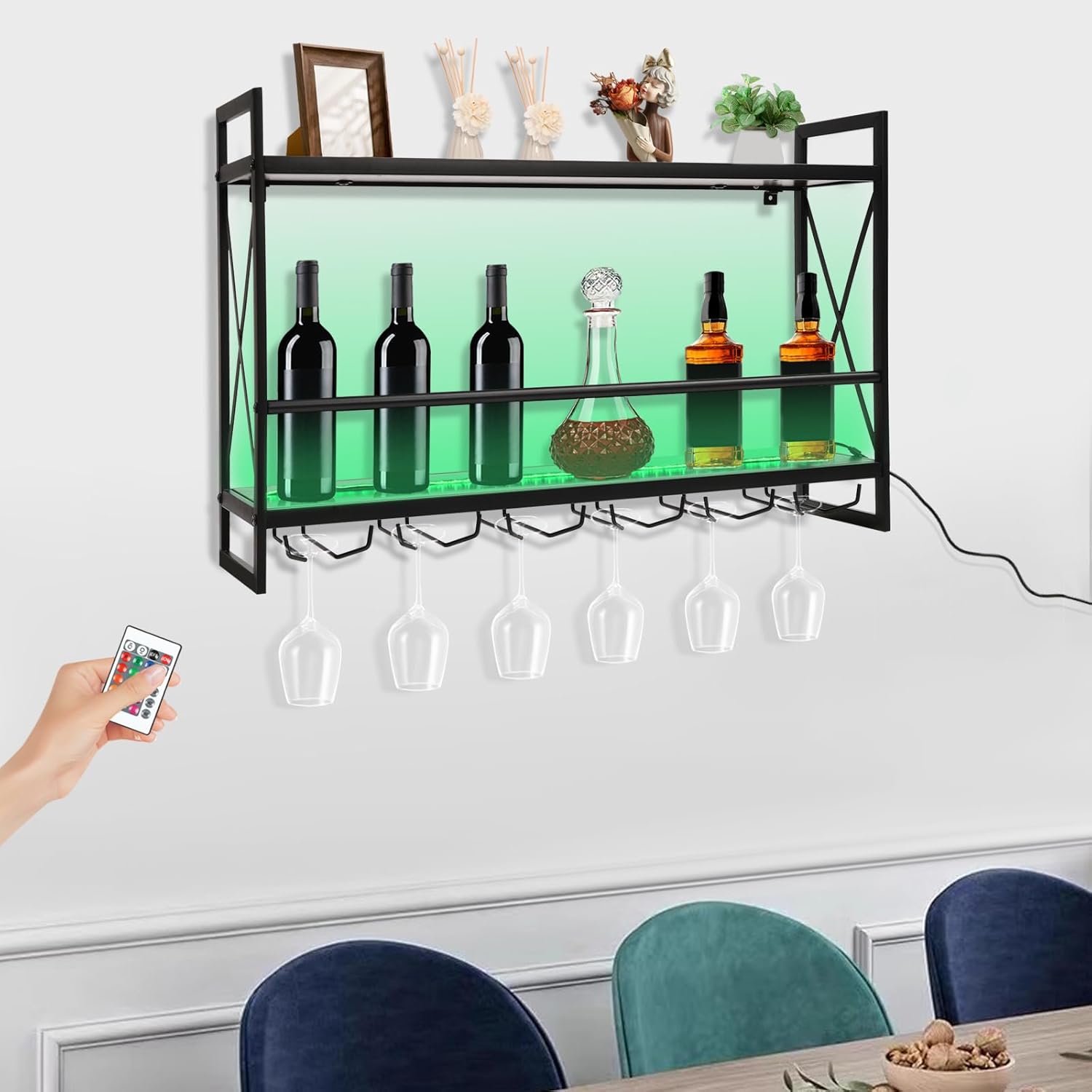 Industrial Wine Bar Cabinet with LED Light and 2 Tier Shelves