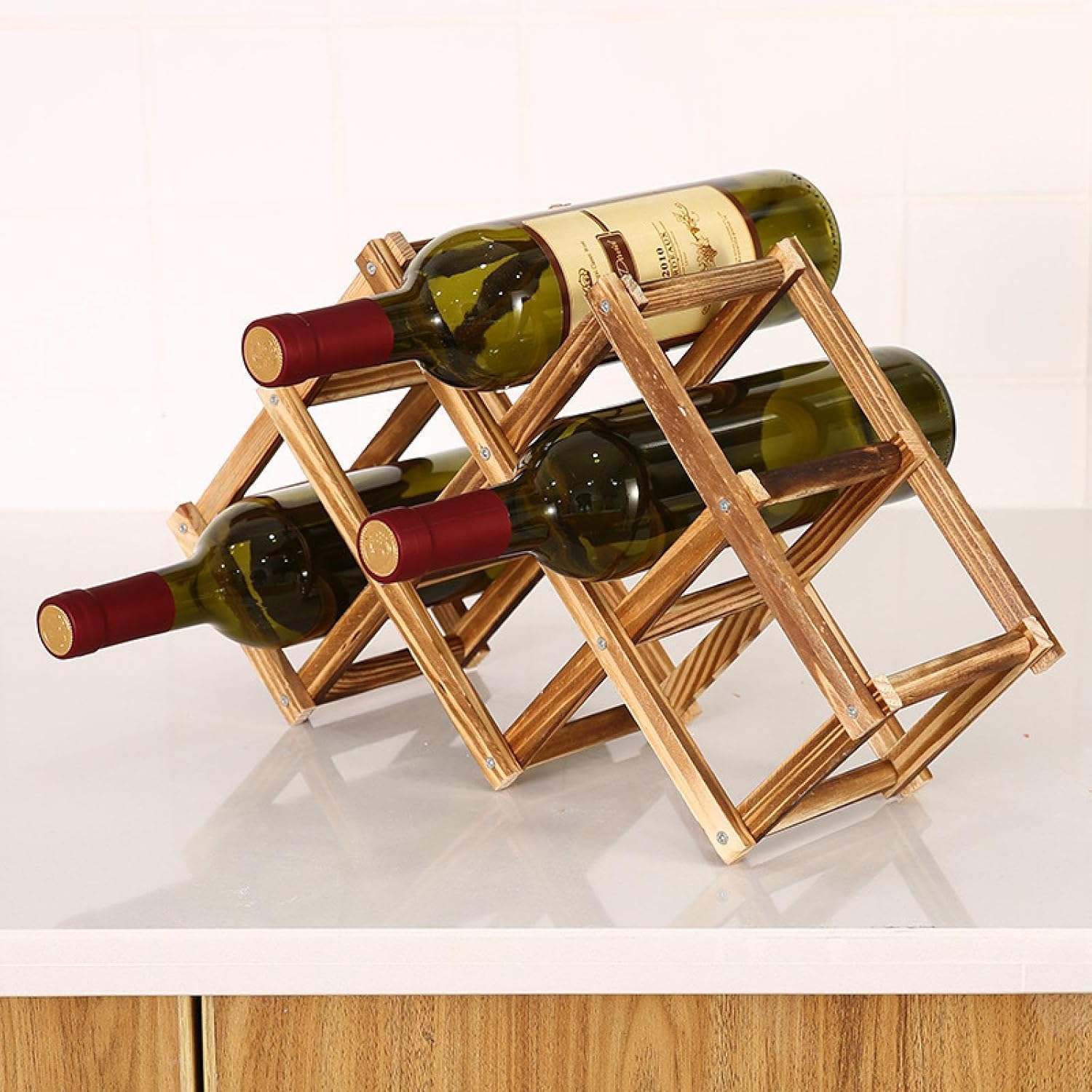 OWKAY Foldable Wooden Wine Rack 10 Bottles