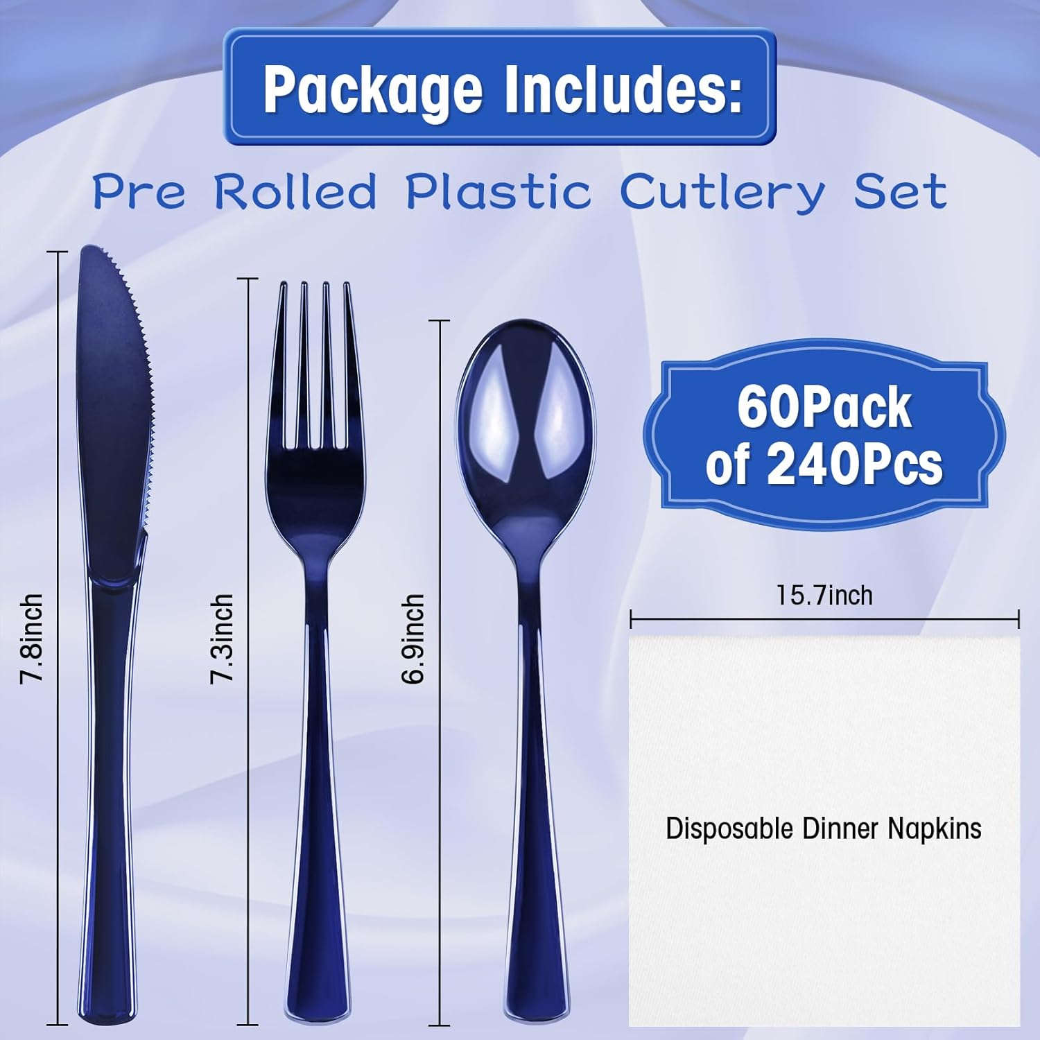 60 Pack Blue Pre-Rolled Plastic Cutlery Set