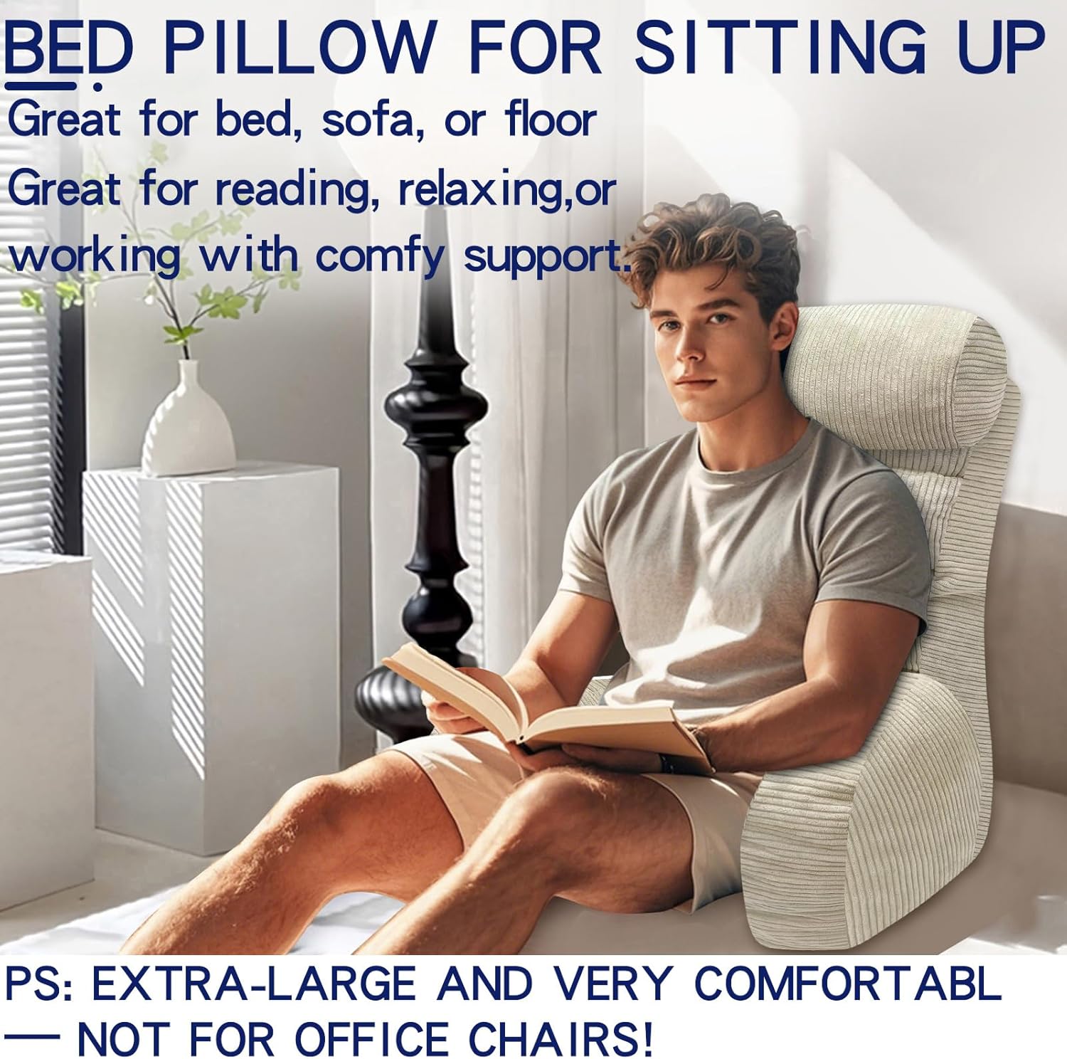 Extra Large Reading Pillow with Arm and Neck Support Cream
