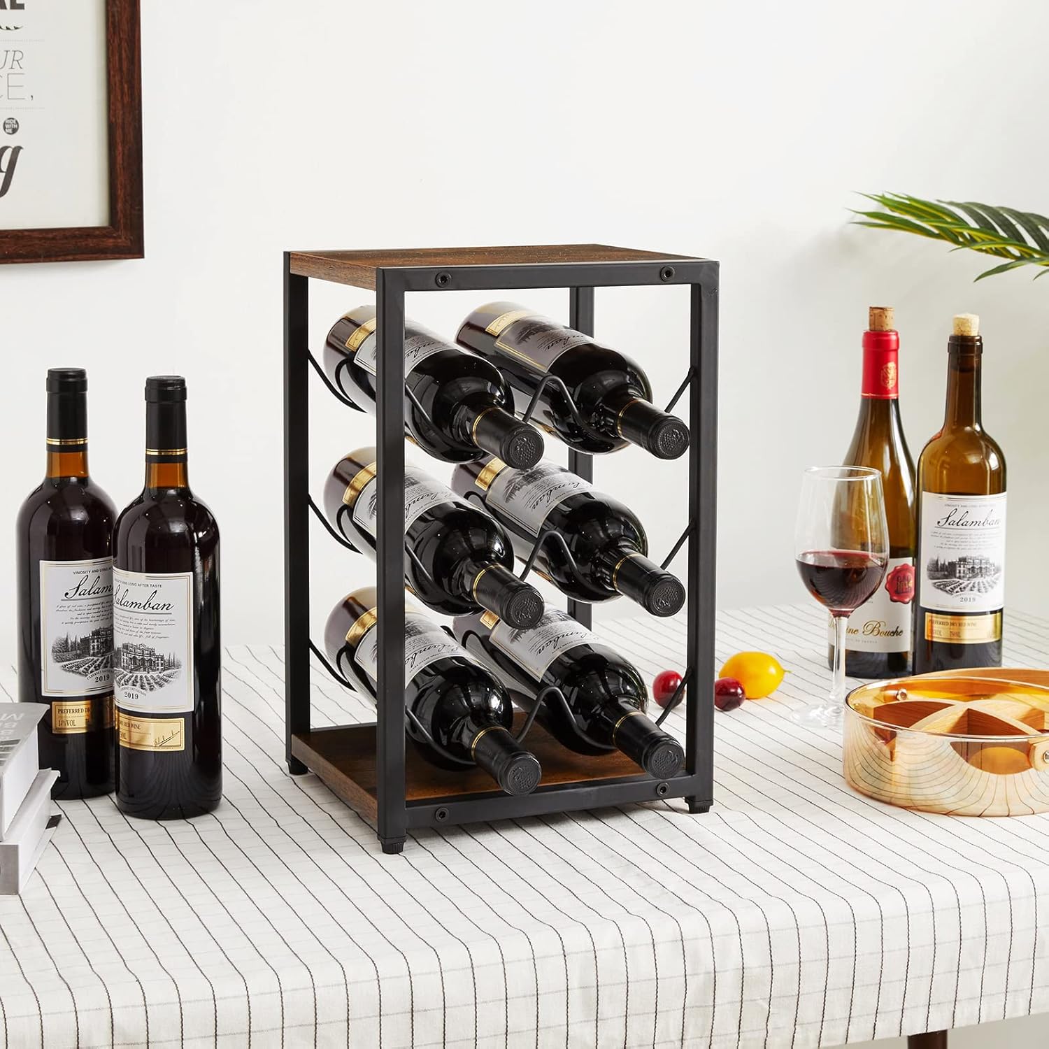 IBUYKE 6-Bottle Rustic Wood Wine Rack 3 Tier Freestanding