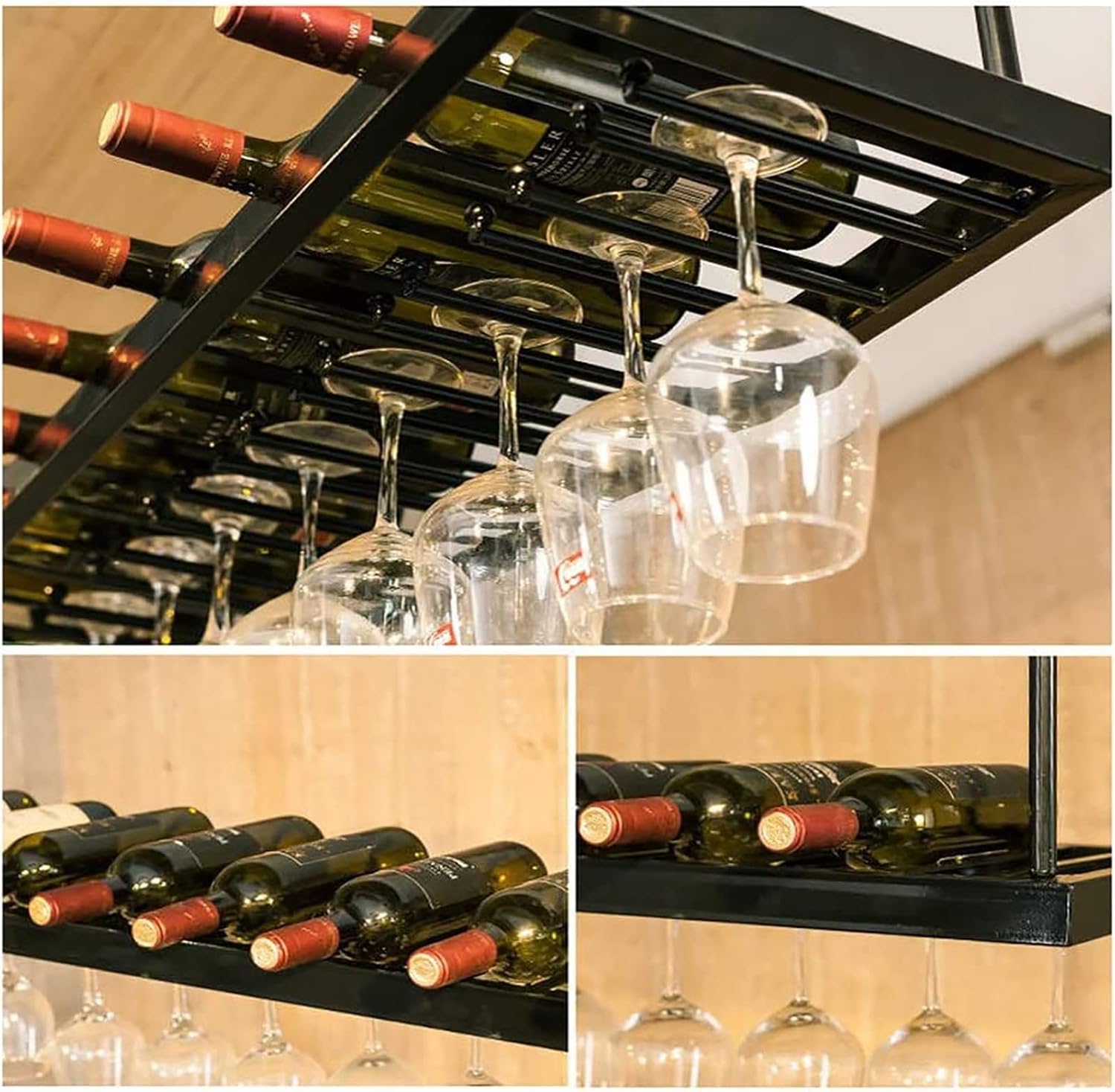 Black Wall-Mounted Wine Rack with Glass Holder Adjustable