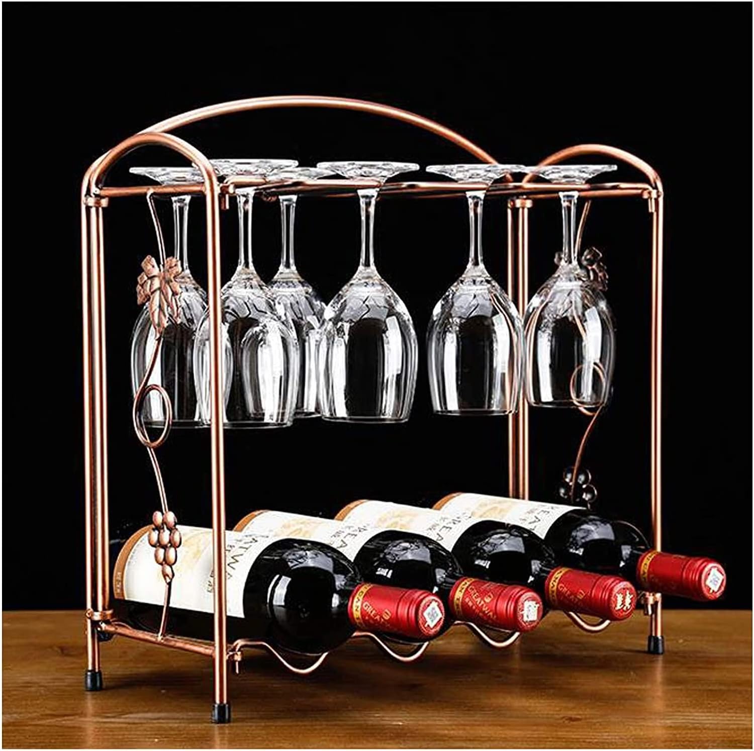 ALDEPO Bronze Metal Wine Rack with 4 Bottles and 8 Glasses Capacity