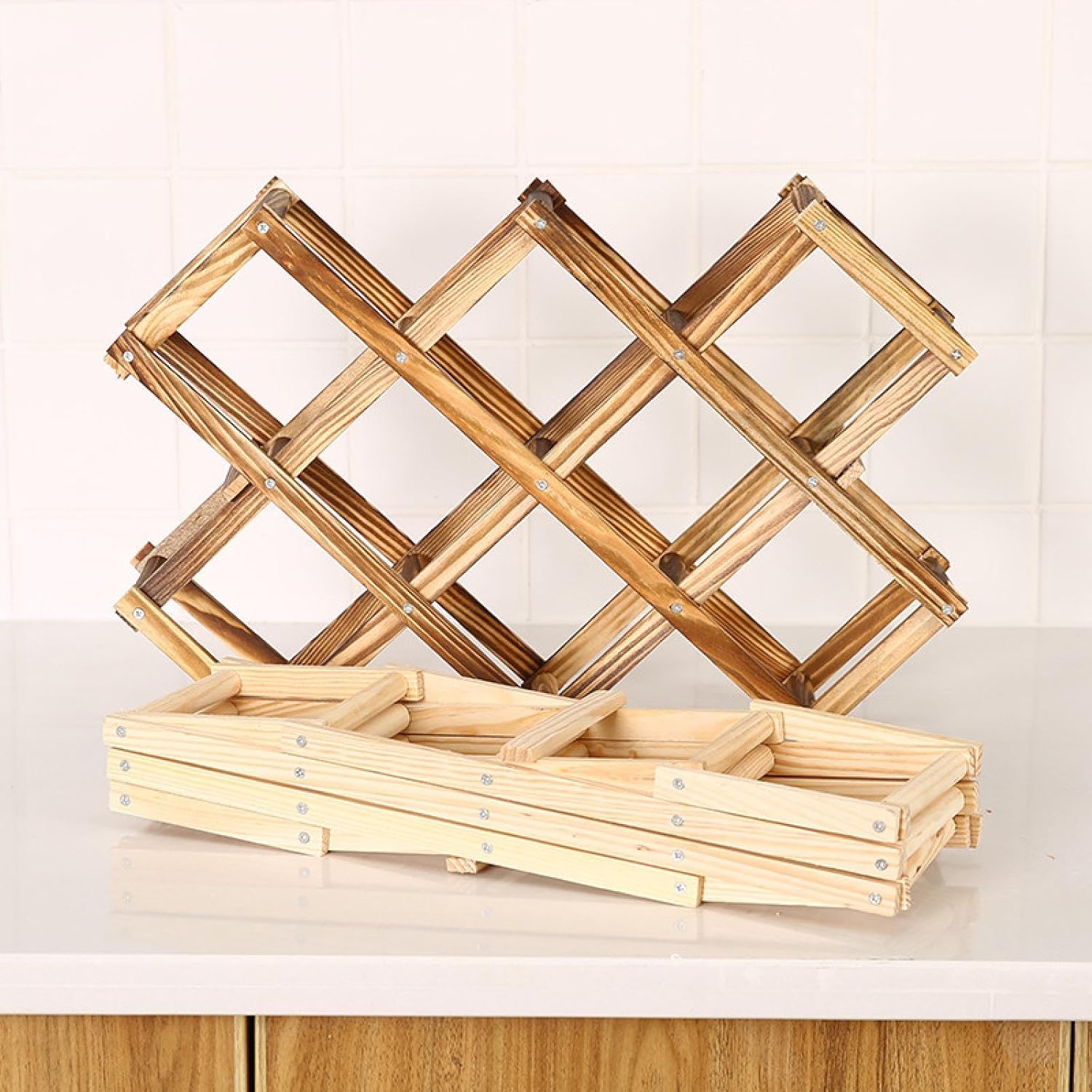 OWKAY Foldable Wooden Wine Rack 10 Bottles