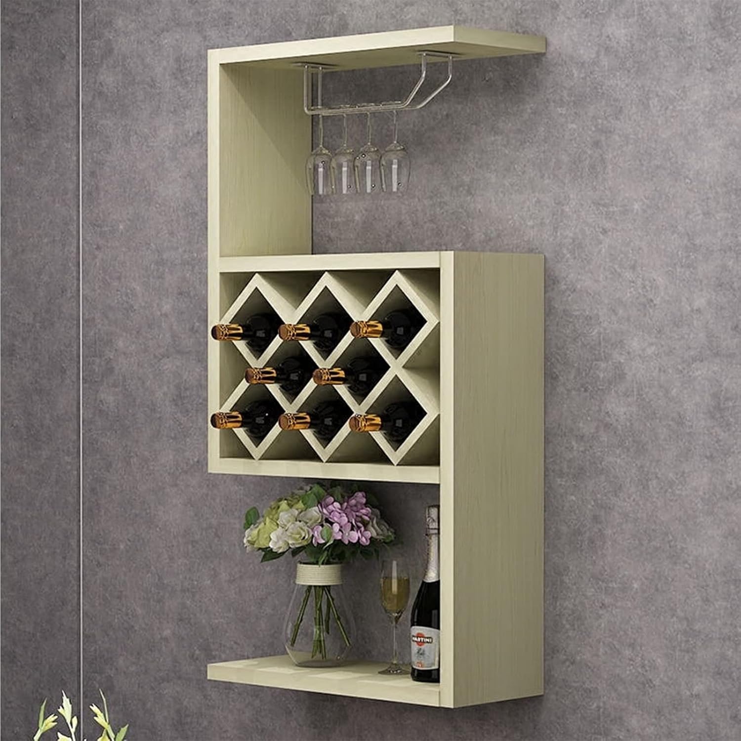 Suuim Wall-Mounted Wine Rack Modern Wooden Wine Cabinet with Diamond Grid