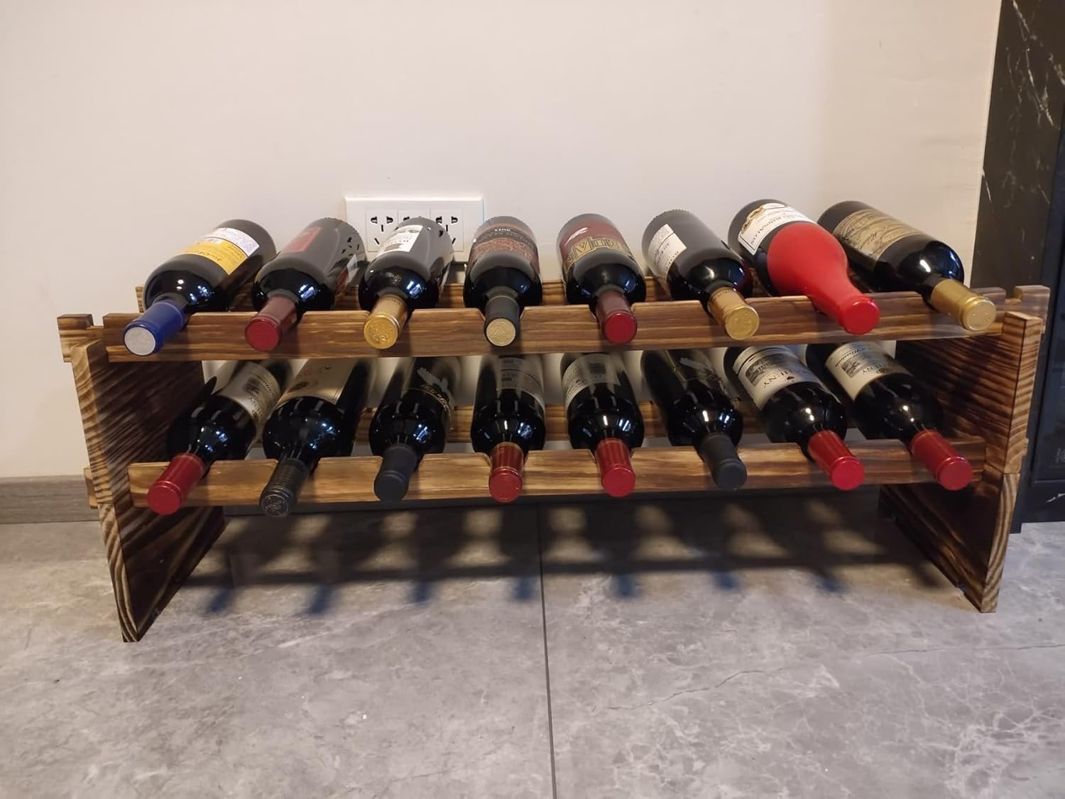 LoongZDD Carbonized Pine Wood Wine Rack - 2 Tier 16 Bottle Capacity Freestanding