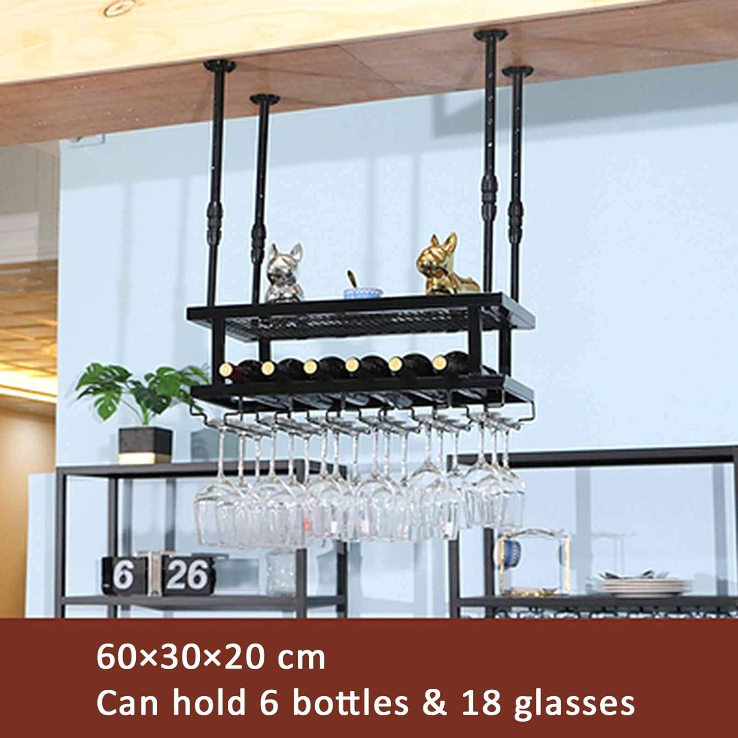 Adjustable Wall-Mounted Wine Rack - 60cm Black Glass Holder