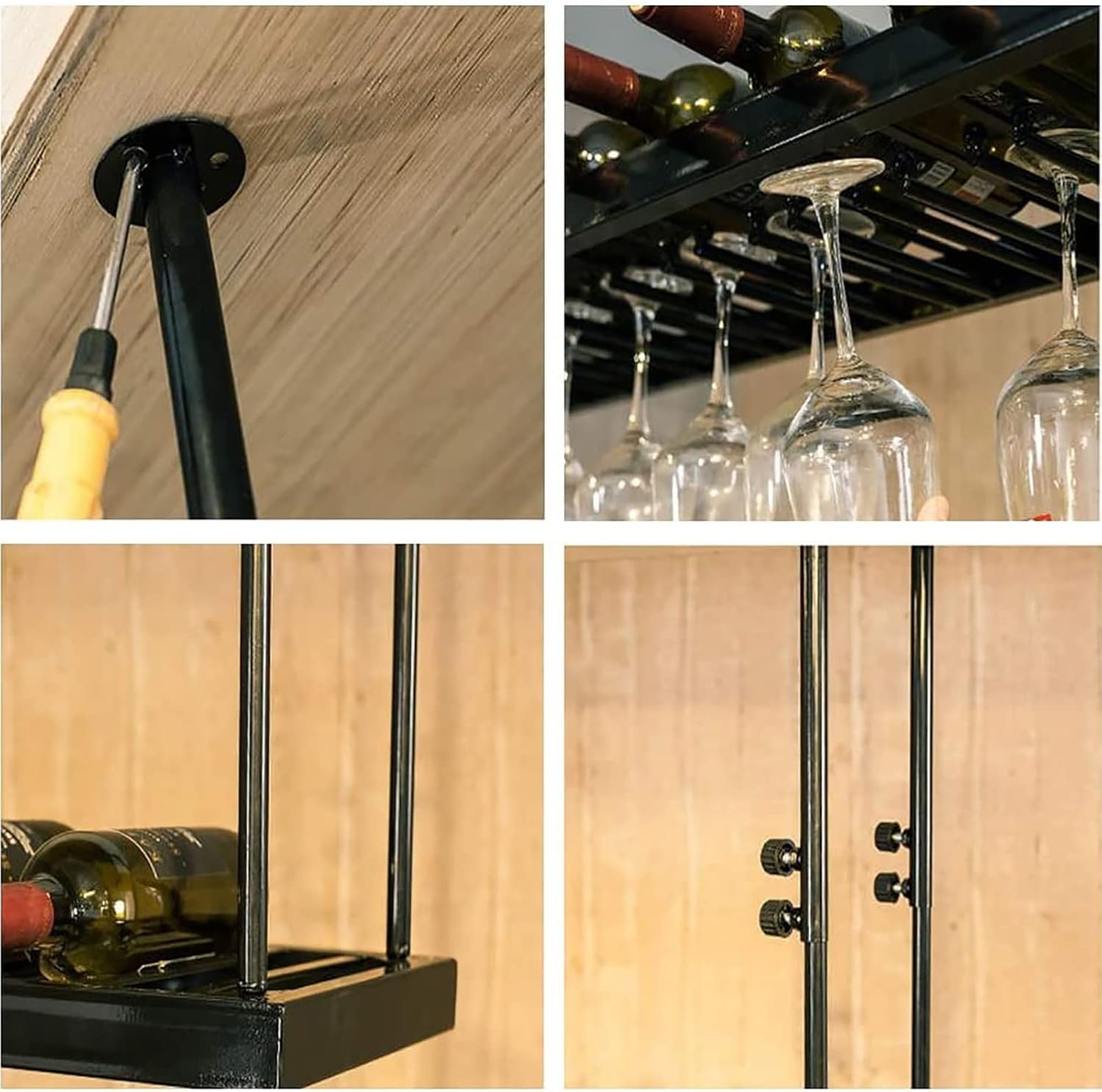 Black Wall-Mounted Wine Rack with Glass Holder Adjustable