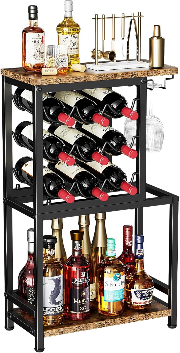 Nuovoware 3 Tier Wine Rack Tabletop with Glasses Holder BlackBrown