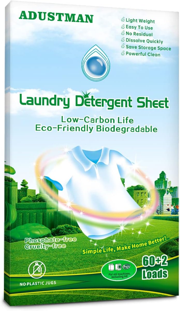 ADUSTMAN Liquidless Laundry Detergent Sheets 62 Loads Eco Friendly Hypoallergenic