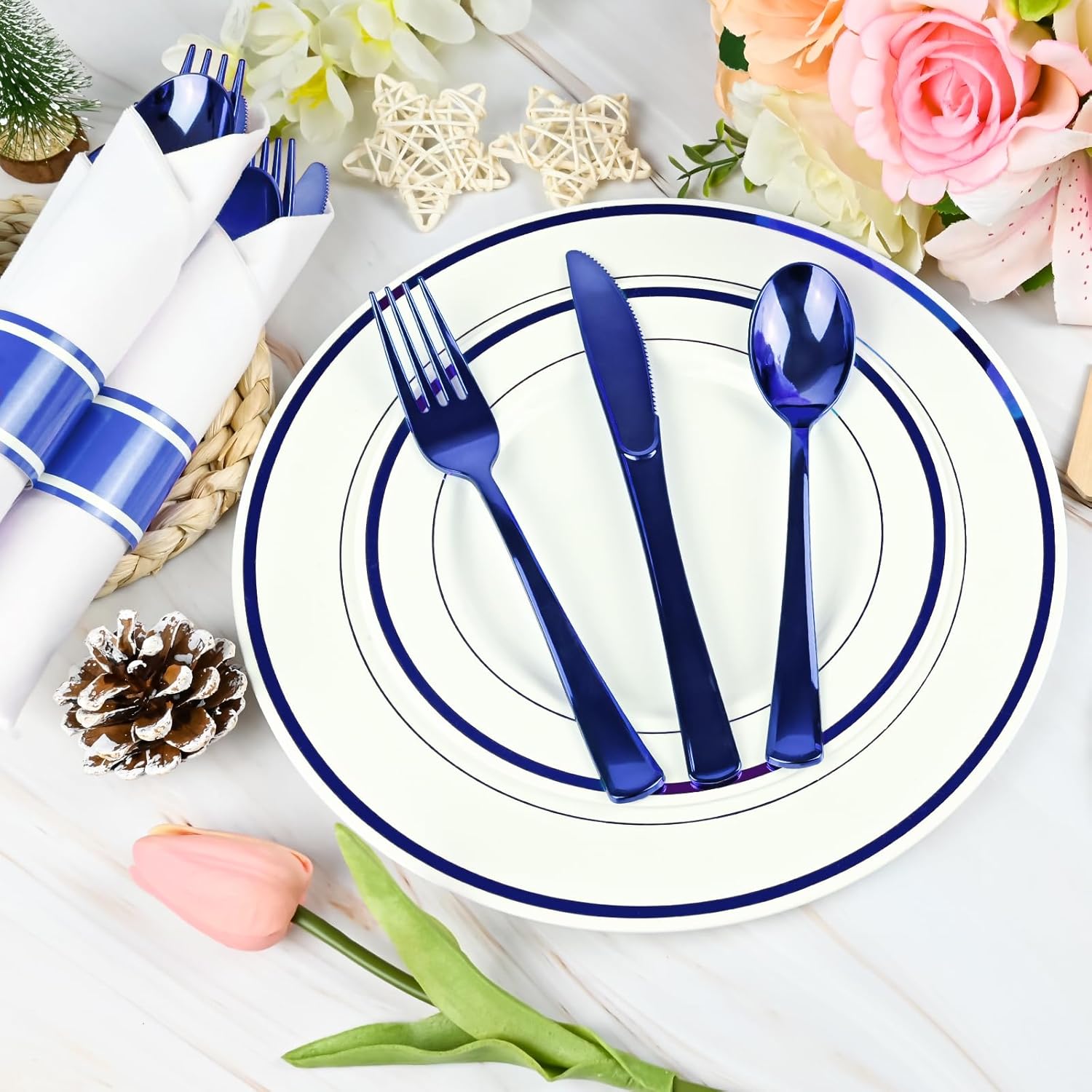 60 Pack Blue Pre-Rolled Plastic Cutlery Set
