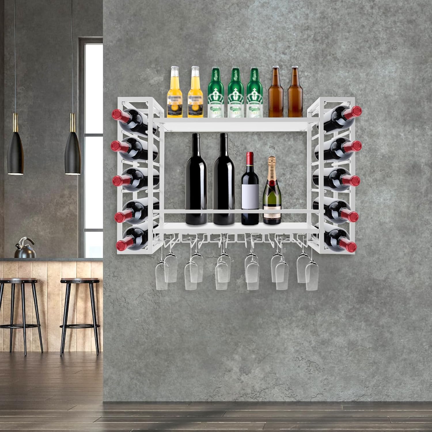 Wall Mounted Wine Rack with Glass Holders - 2-Tier White 33In