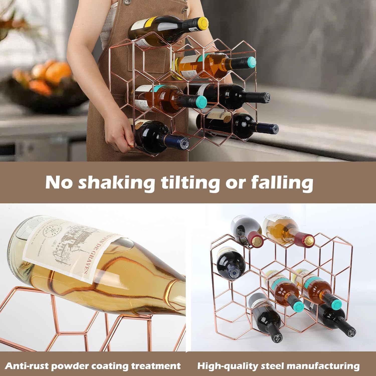 Rose Gold Wine Rack - 14 Bottles 3 Tier No Assembly Required