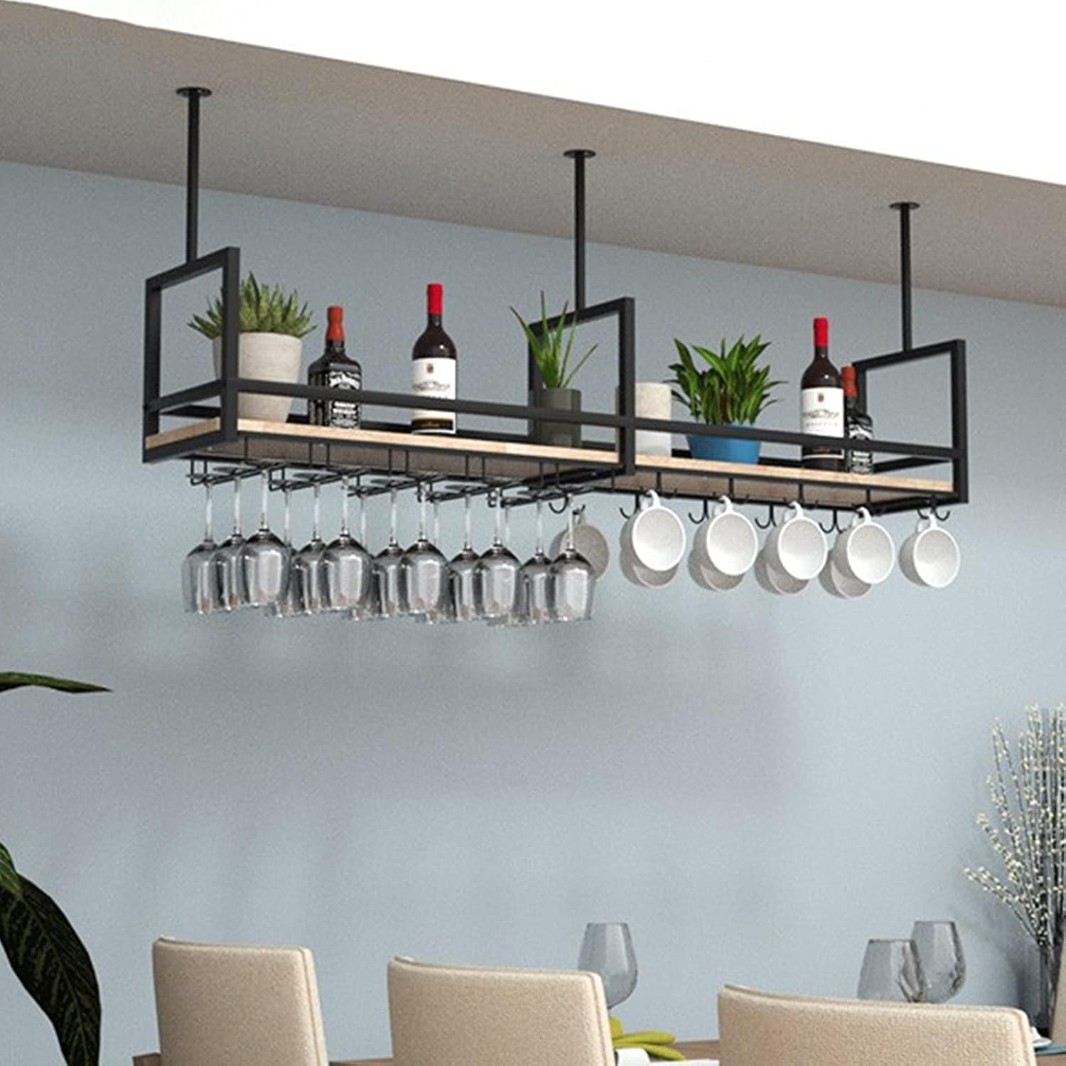 Suuim Hanging Wine Rack Ceiling Shelf Iron Bar Counter Wine Cabinet Rack