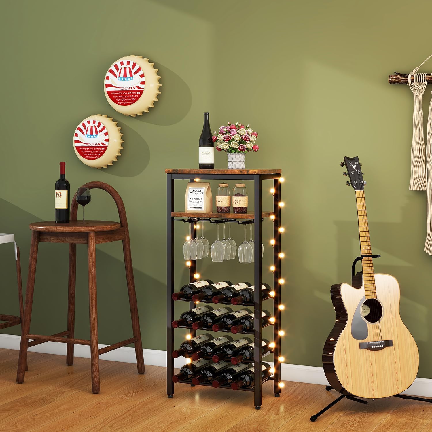 IBUYKE Freestanding Wine Rack 16 Bottles 2-Tier Tabletop with Glass Holders