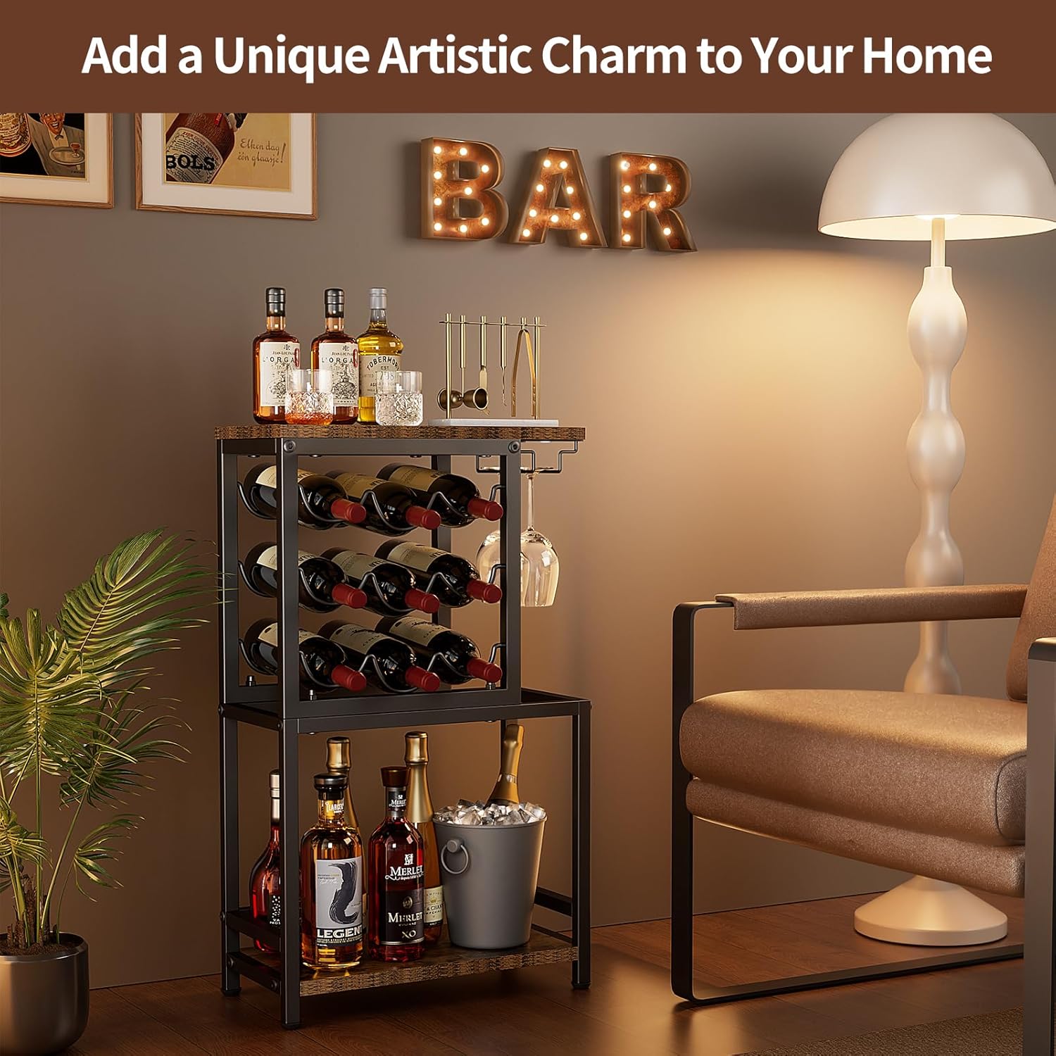 Nuovoware 3 Tier Wine Rack Tabletop with Glasses Holder BlackBrown