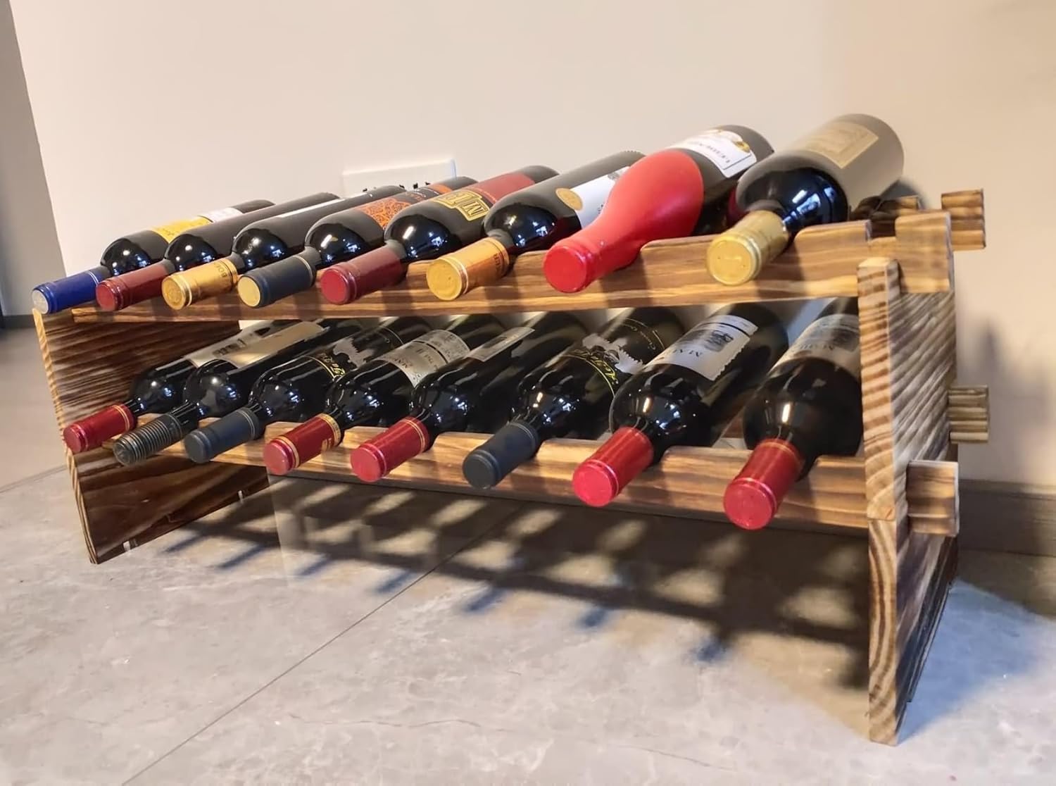 LoongZDD Carbonized Pine Wood Wine Rack - 2 Tier 16 Bottle Capacity Freestanding