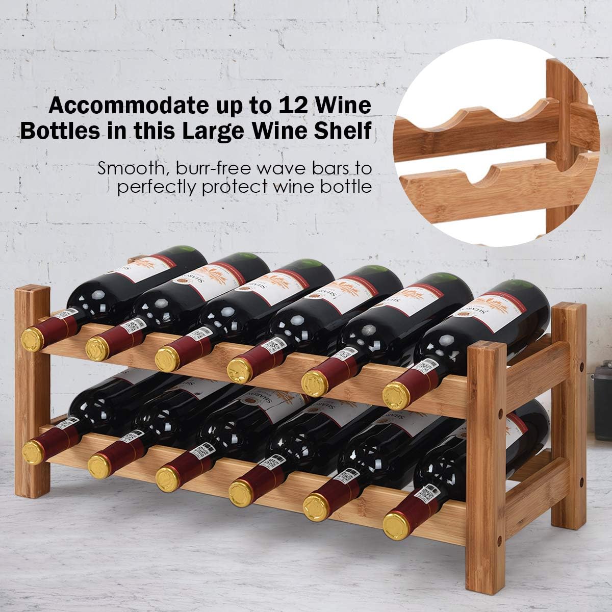 LDAILY 12-Bottle Bamboo Wine Rack 2-Tier Freestanding