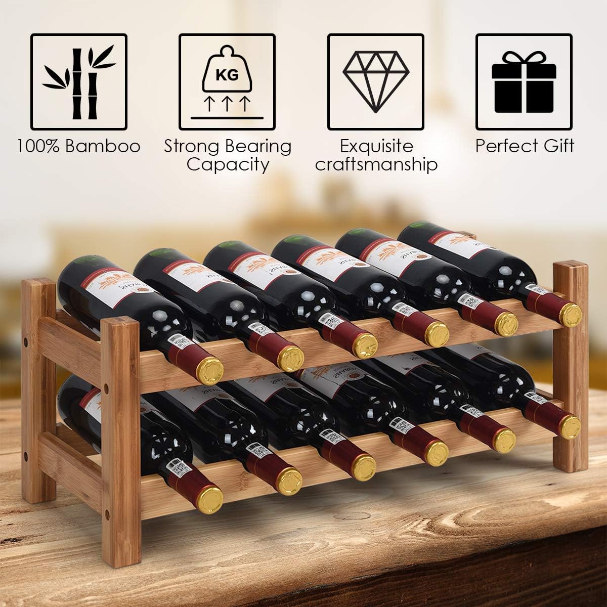 LDAILY 12-Bottle Bamboo Wine Rack 2-Tier Freestanding