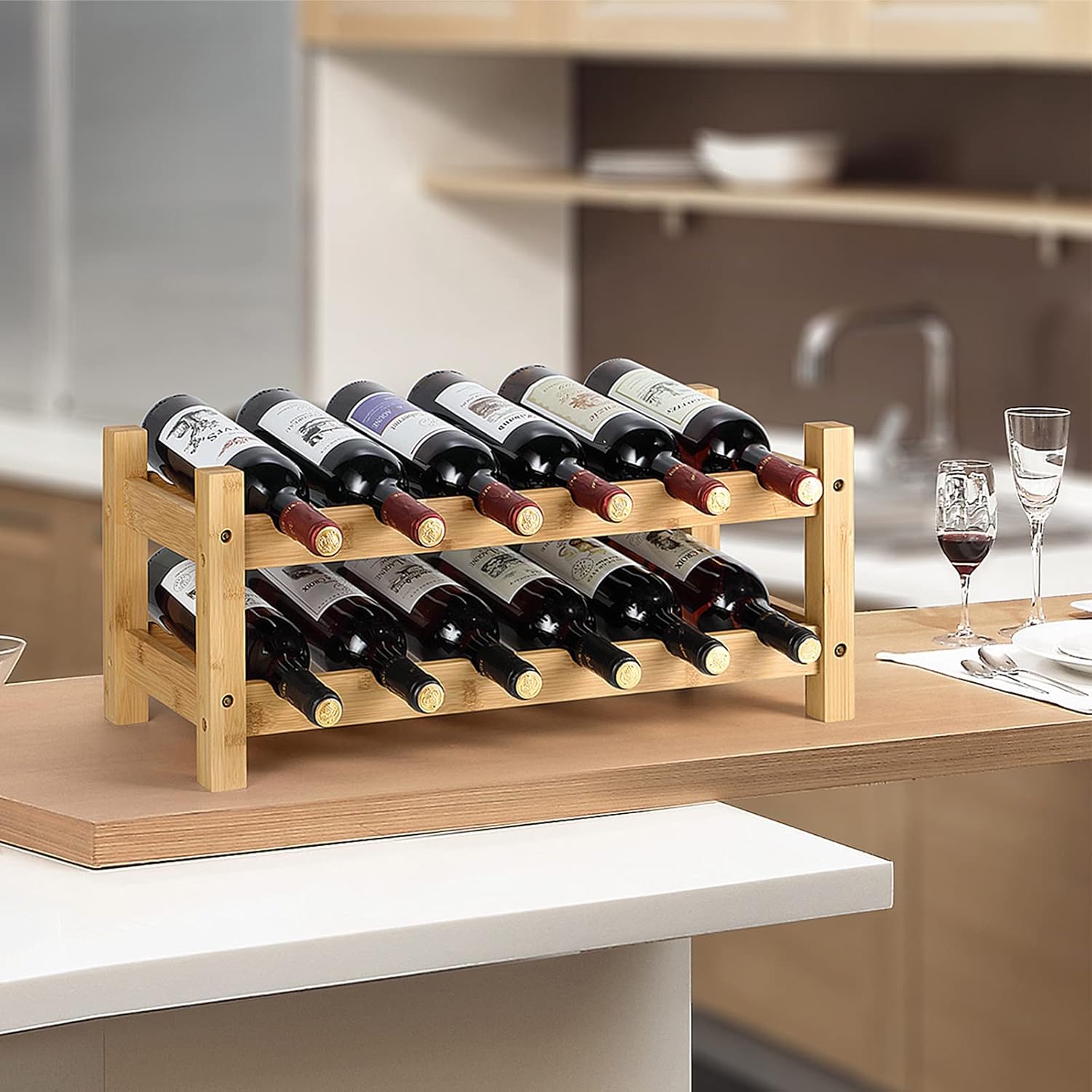HYNAWIN 2 Tiers Bamboo Wine Rack Free Standing