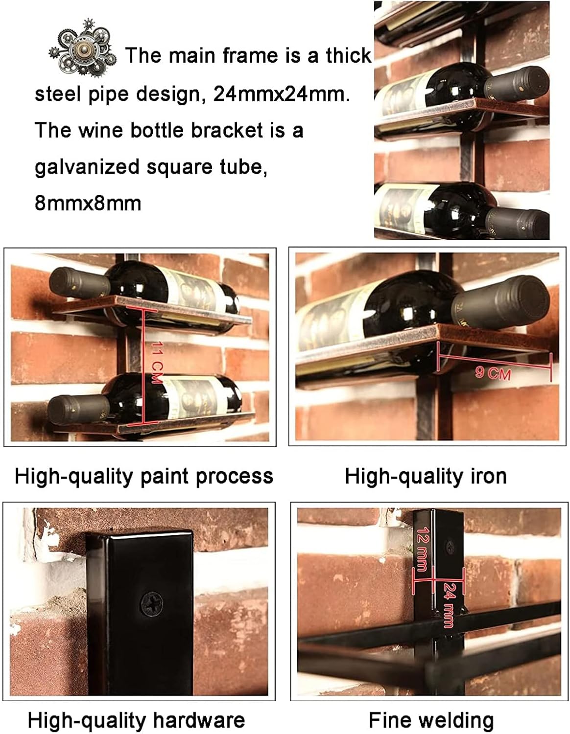 ALDEPO Wall-Mounted Wine Rack 4-Bottle Rustic Metal Holder