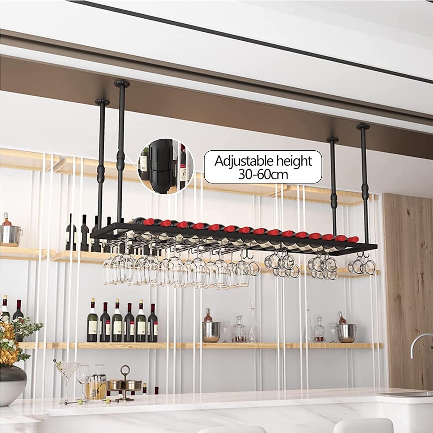 Ceiling Wine Glass Rack - Height Adjustable Durable Metal Holder for Bar Kitchen