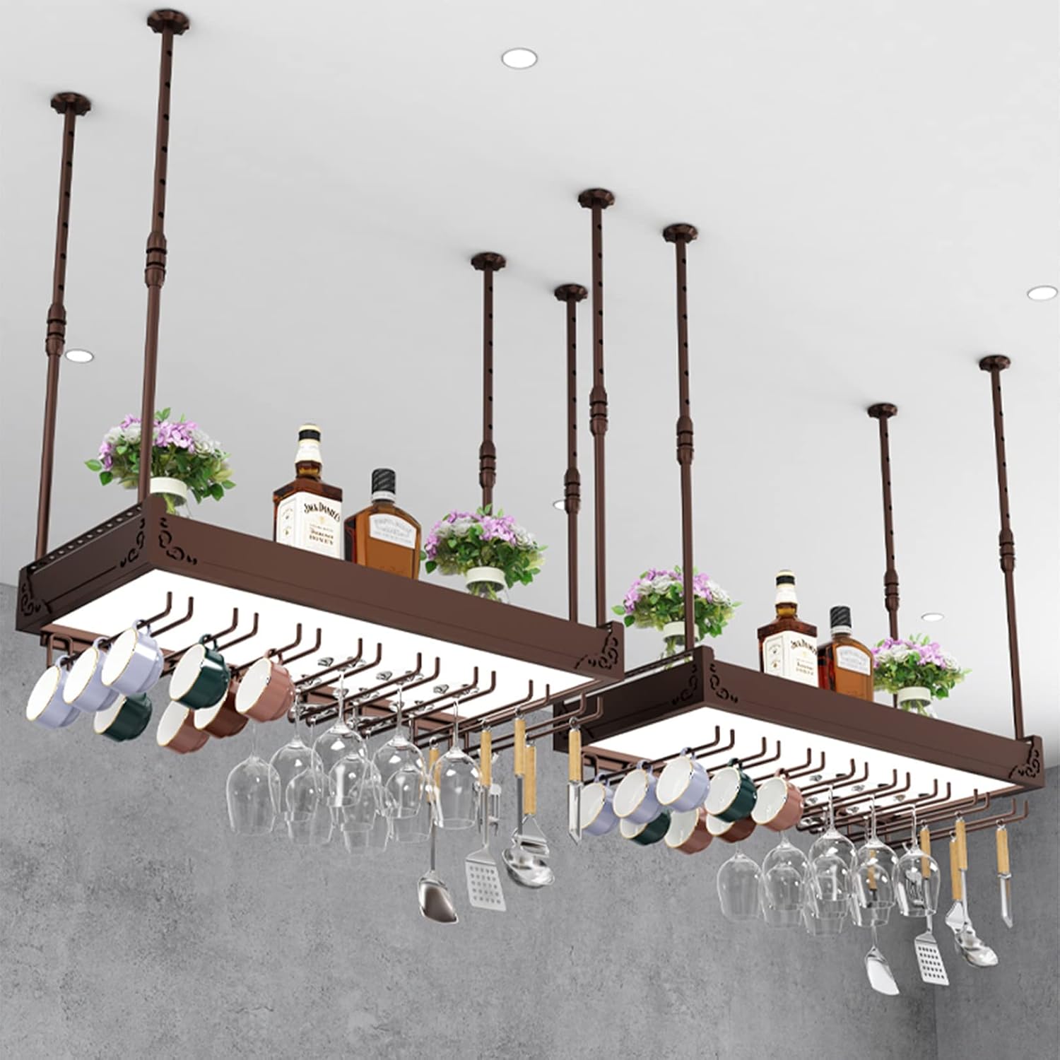 2-in-1 Heavy Duty Ceiling Wine Rack with Glass Holder and Light