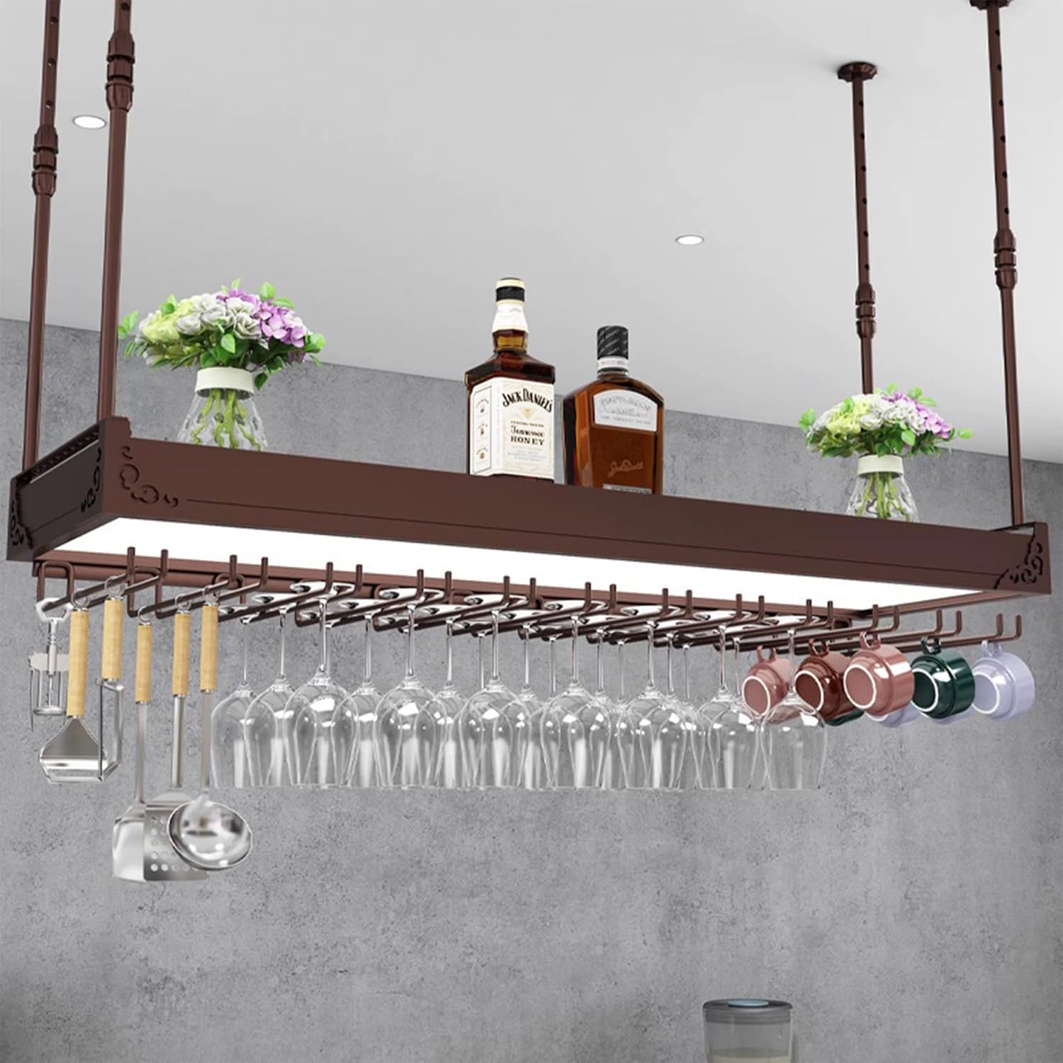 2-in-1 Heavy Duty Ceiling Wine Rack with Glass Holder and Light