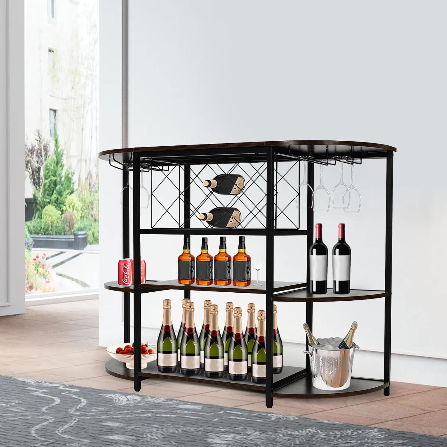 Delianty 3-Tier Wine Rack Table with Glass Holders Rustic Brown